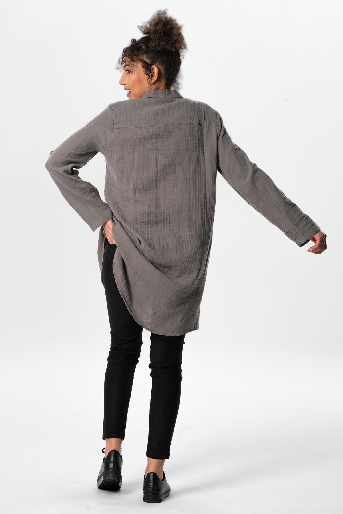 Uzun Katlanabilir Kol Sedanur Gömlek Yaka Yazlık Müslin Tunik Gri Gri