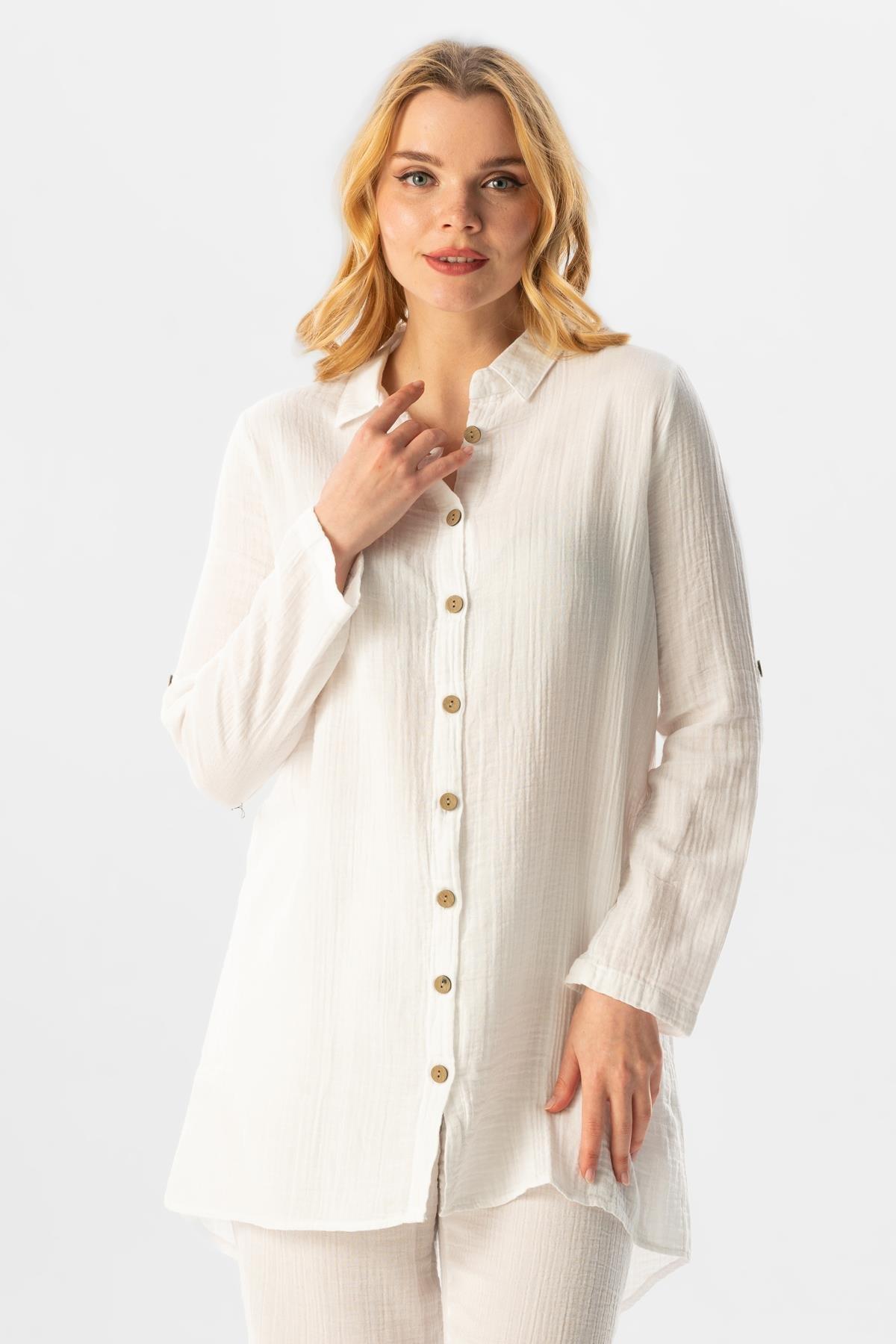 Uzun Katlanabilir Kol Sedanur Gömlek Yaka Yazlık Müslin Tunik Beyaz Byz