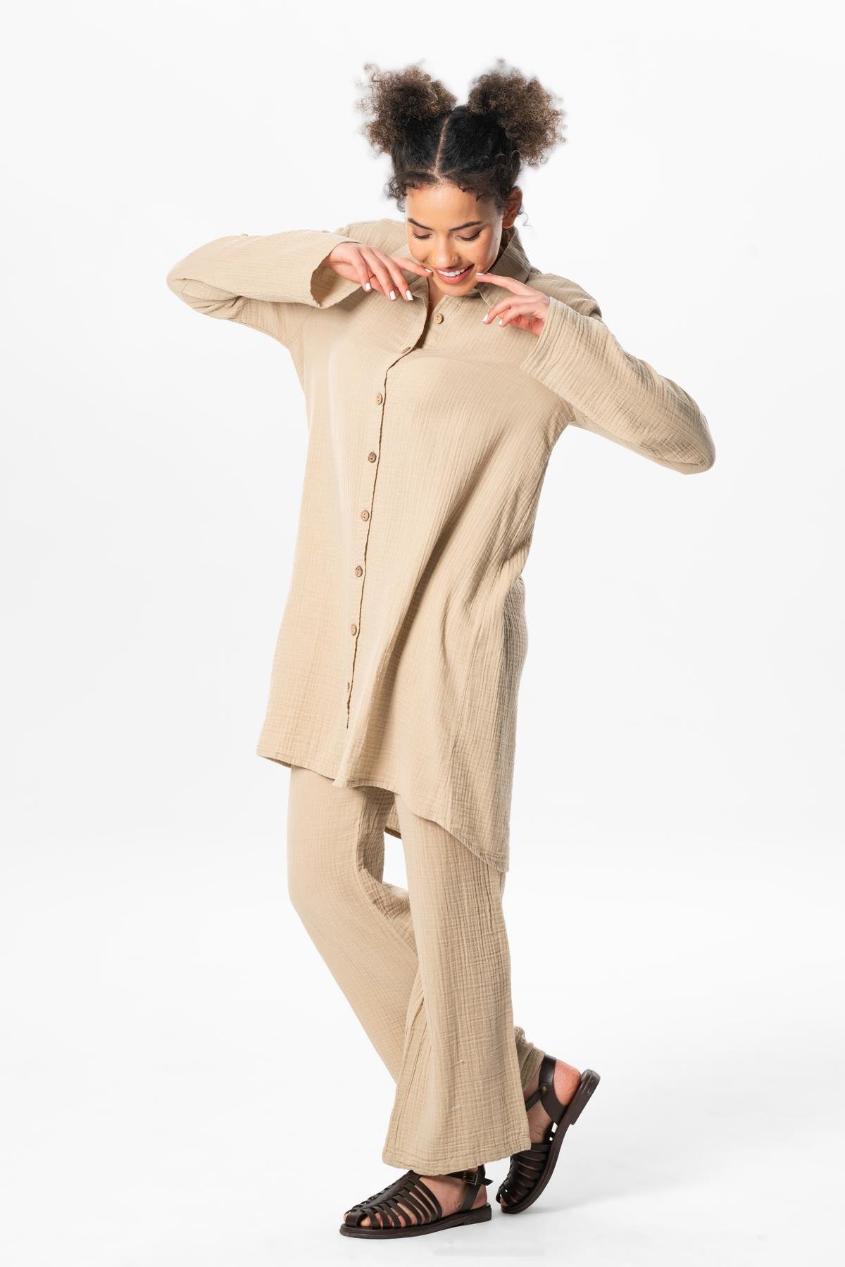 Uzun Katlanabilir Kol Sedanur Gömlek Yaka Yazlık Müslin Tunik Vizon Vzn