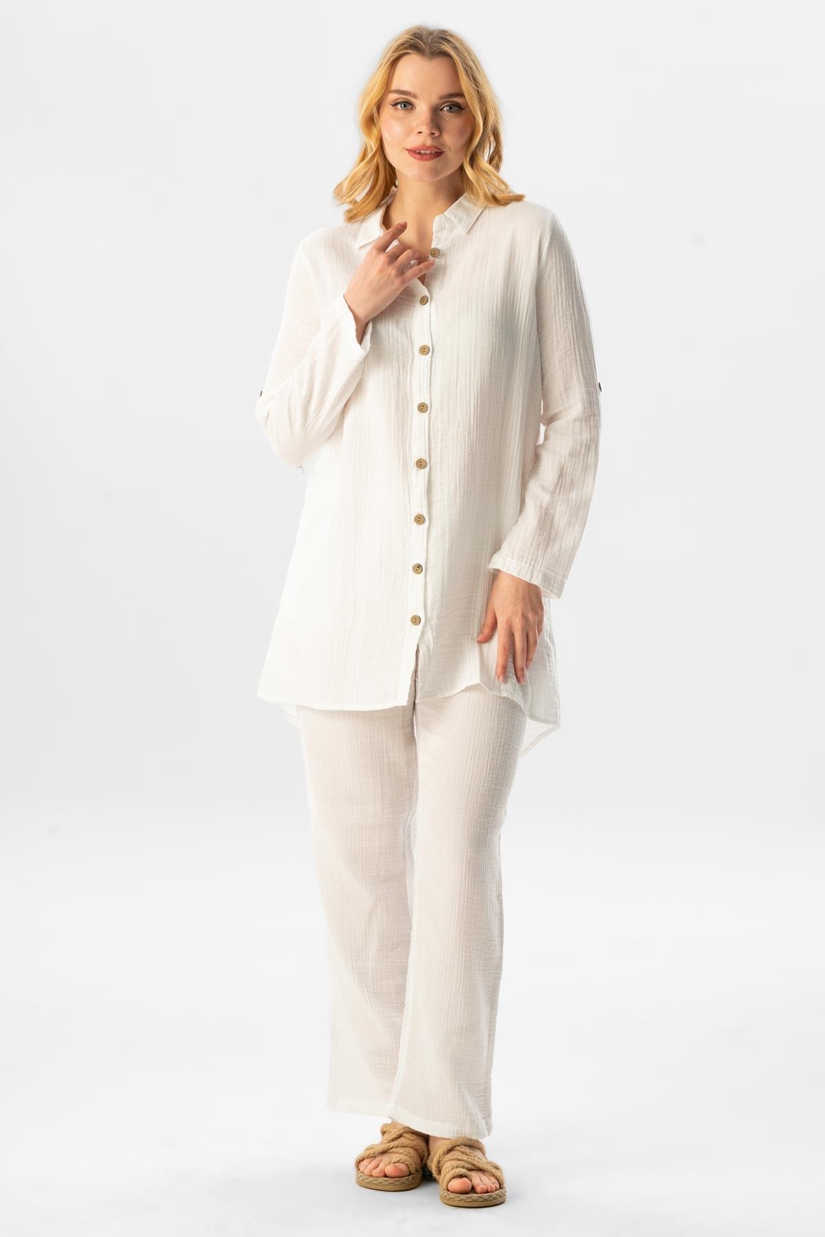 Uzun Katlanabilir Kol Sedanur Gömlek Yaka Yazlık Müslin Tunik Beyaz Byz