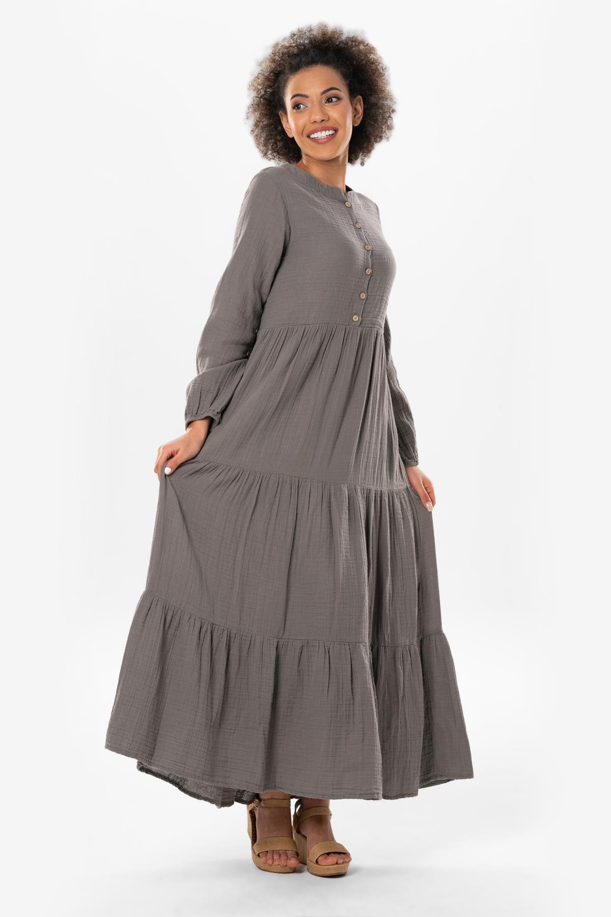 Uzun Kol Akay Uzun Düğme Detay Yazlık Müslin Elbise Gri Gri