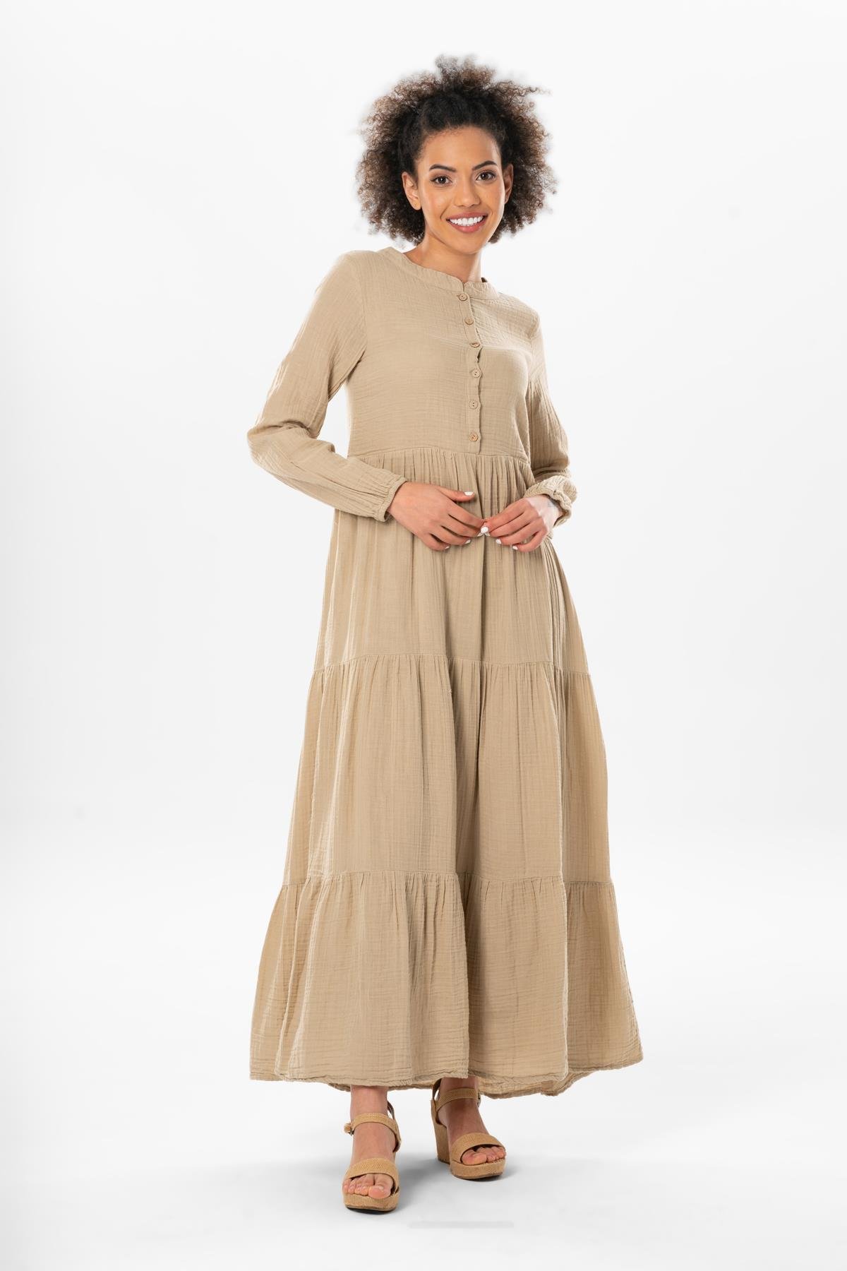 Uzun Kol Akay Uzun Düğme Detay Yazlık Müslin Elbise Vizon Vzn