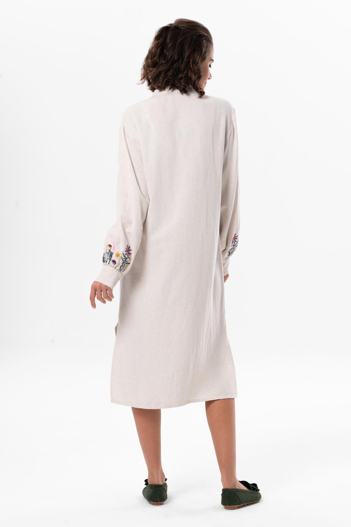 Uzun Kol Belma Keten Nakışlı Düğmeli Yazlık Otantik Tunik Krem Krm