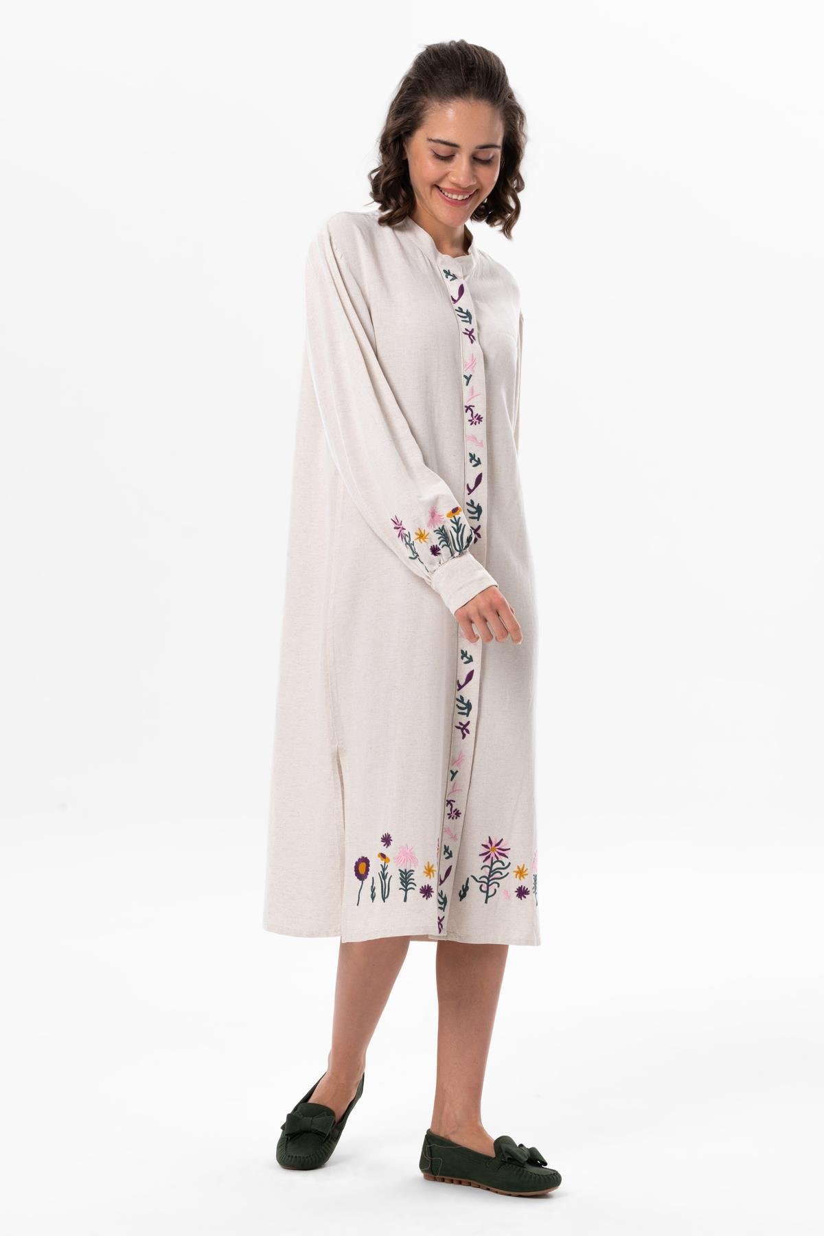 Uzun Kol Belma Keten Nakışlı Düğmeli Yazlık Otantik Tunik Krem Krm