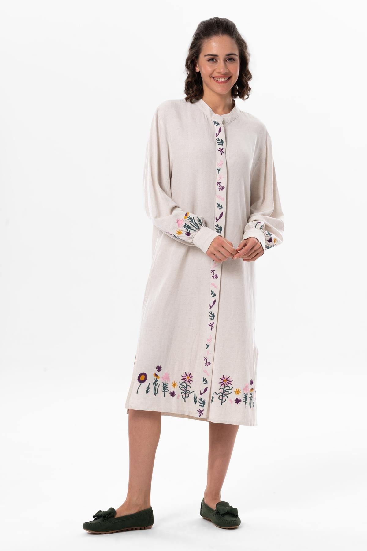 Uzun Kol Belma Keten Nakışlı Düğmeli Yazlık Otantik Tunik Krem Krm