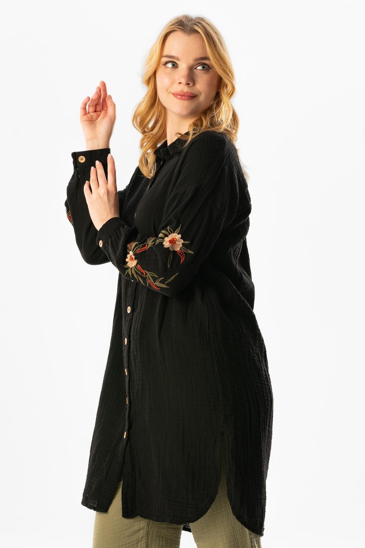 Uzun Kol Deste Gömlek Yaka Yazlık Müslin Tunik Siyah Syh