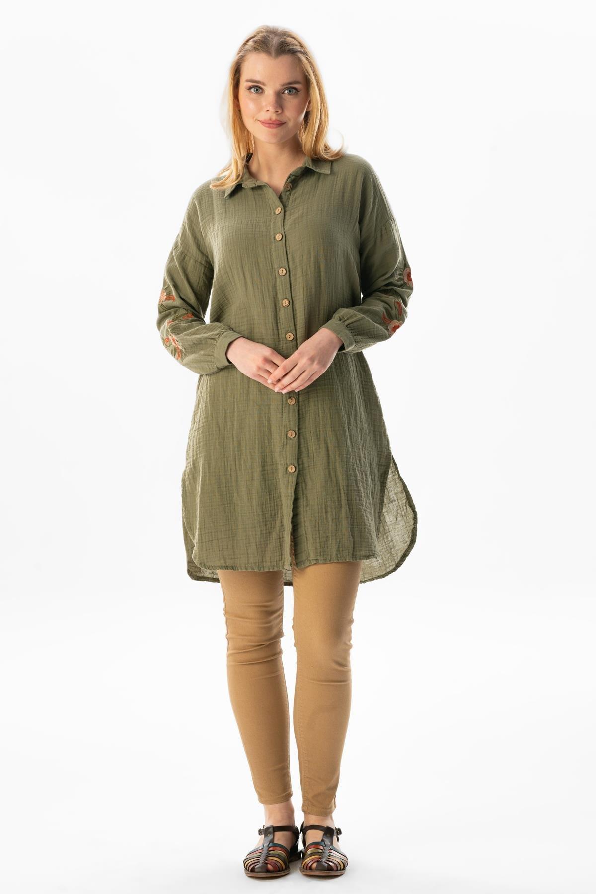 Uzun Kol Deste Gömlek Yaka Yazlık Müslin Tunik Haki Hk