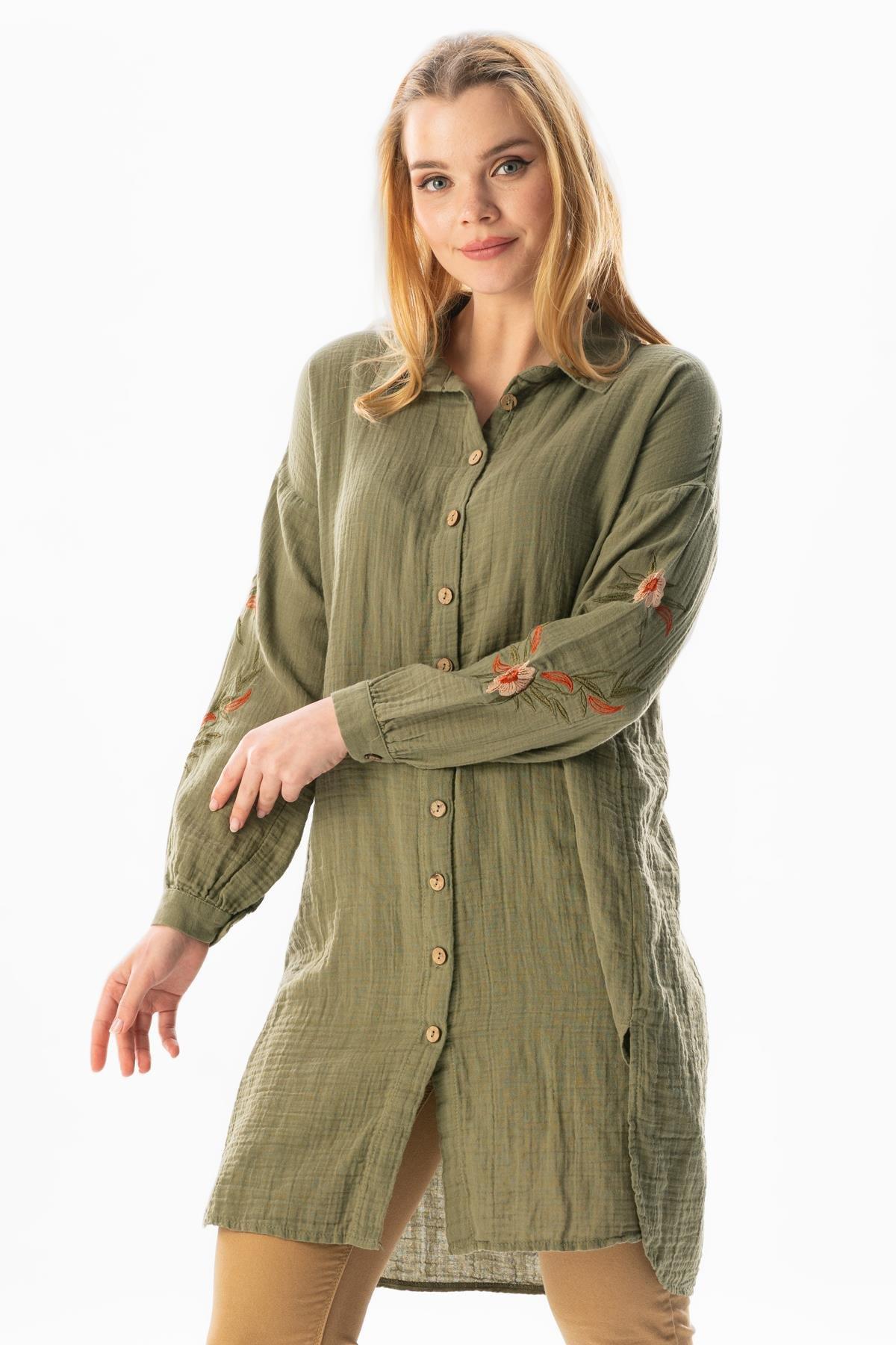 Uzun Kol Deste Gömlek Yaka Yazlık Müslin Tunik Haki Hk