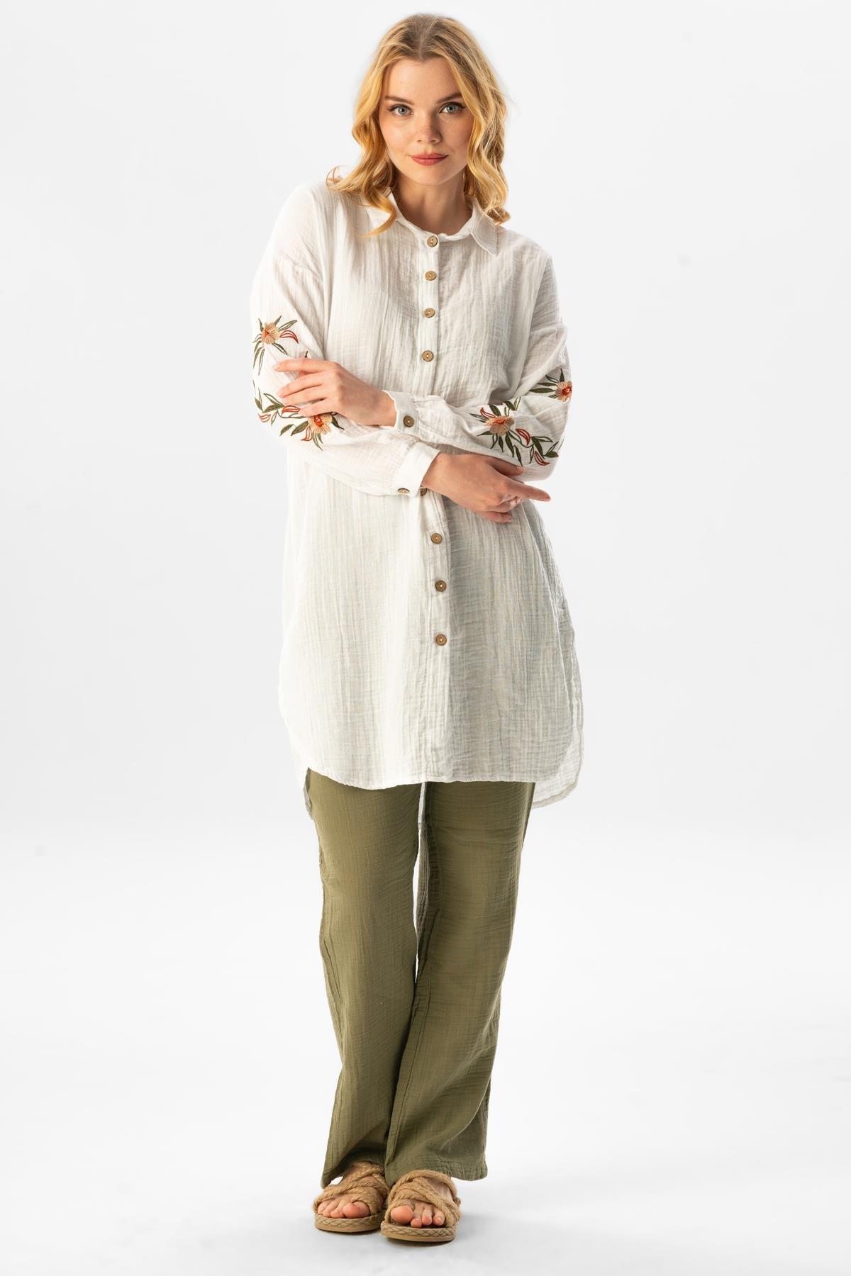 Uzun Kol Deste Gömlek Yaka Yazlık Müslin Tunik Beyaz Byz