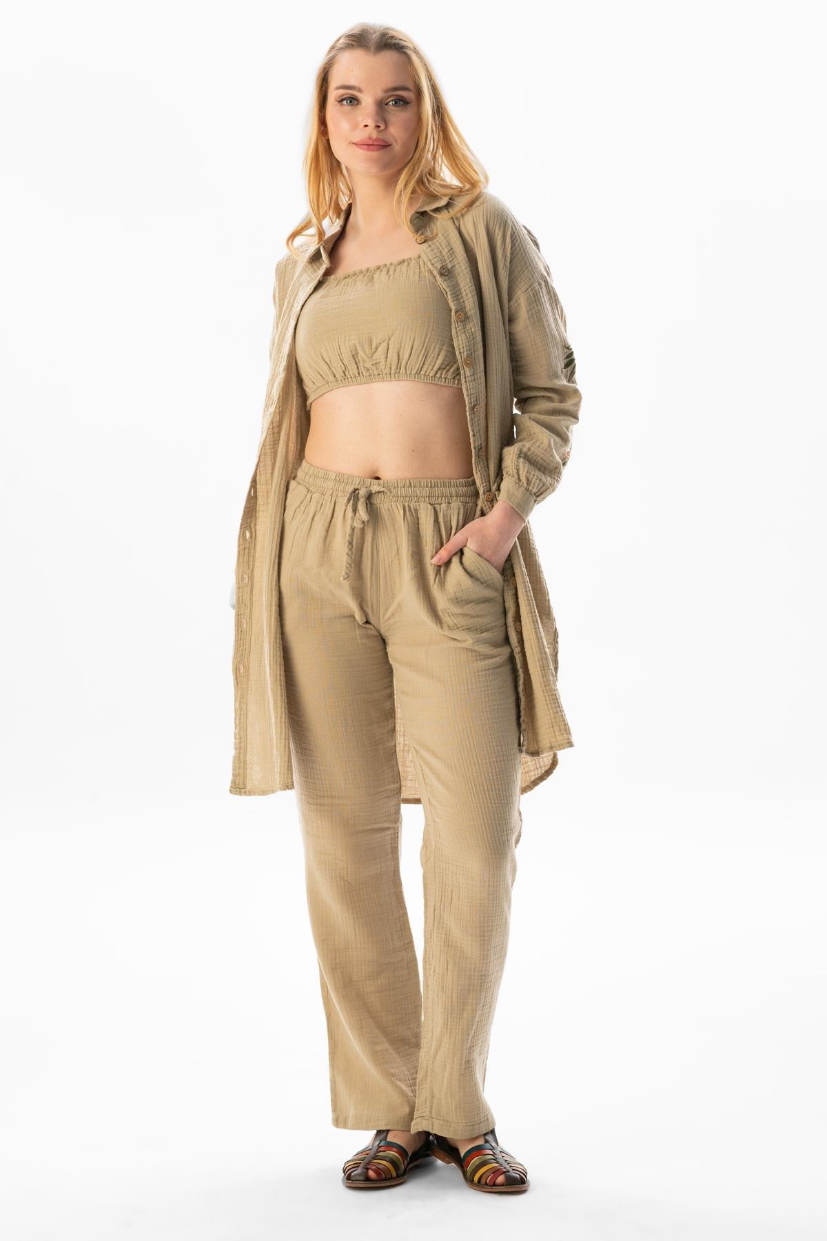 Uzun Kol Deste Gömlek Yaka Yazlık Müslin Tunik Vizon Vzn