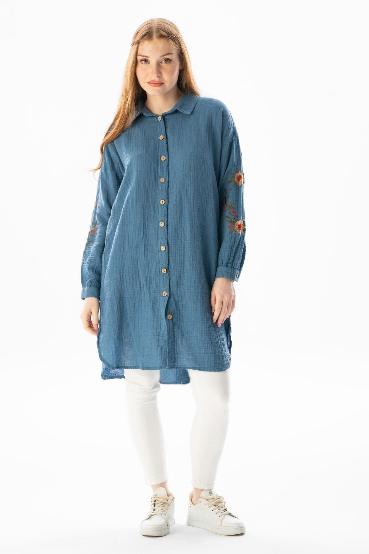 Uzun Kol Deste Gömlek Yaka Yazlık Müslin Tunik İndigo indg