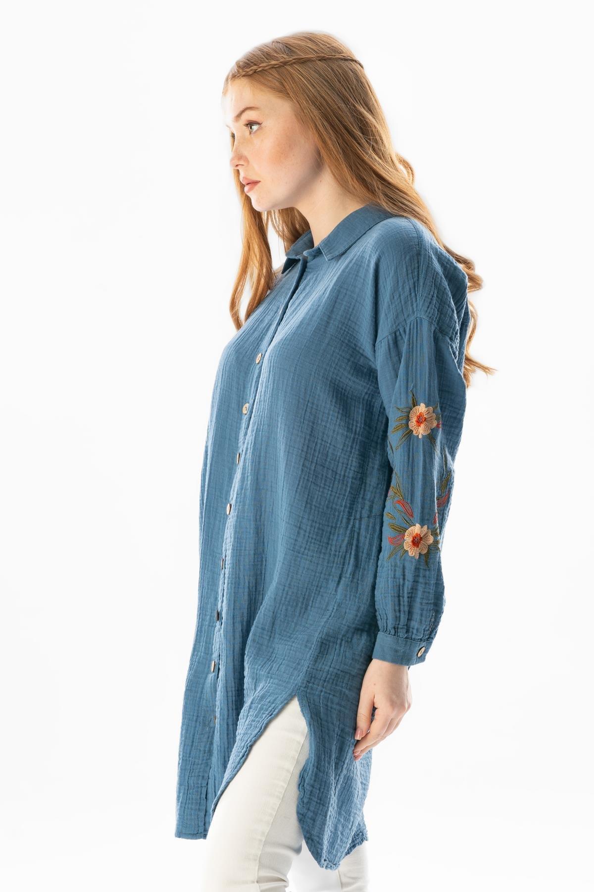 Uzun Kol Deste Gömlek Yaka Yazlık Müslin Tunik İndigo indg