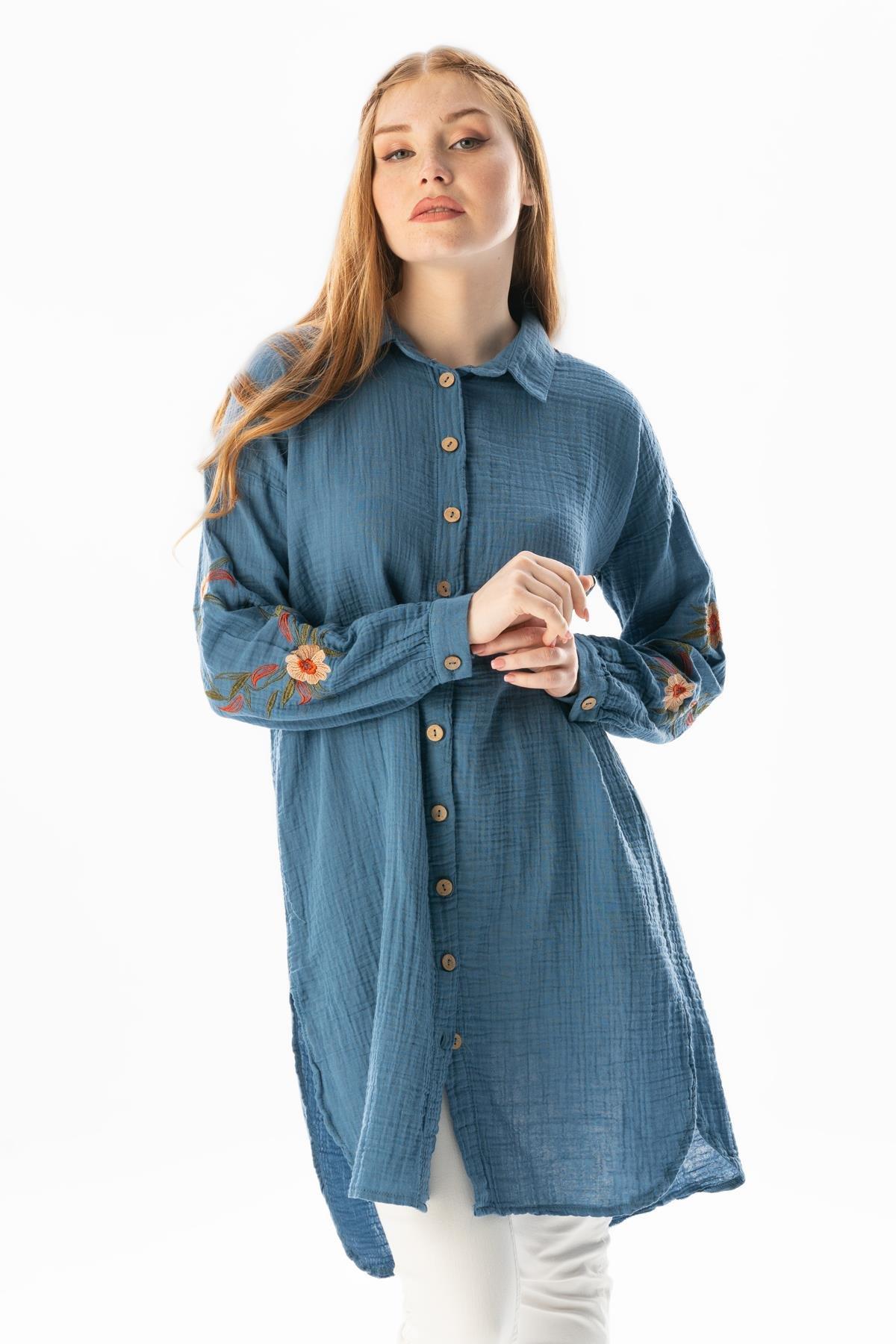 Uzun Kol Deste Gömlek Yaka Yazlık Müslin Tunik İndigo indg