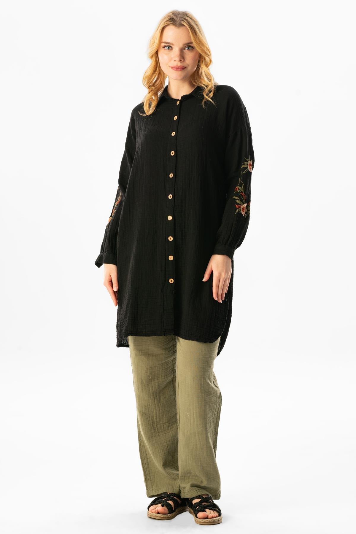 Uzun Kol Deste Gömlek Yaka Yazlık Müslin Tunik Siyah Syh