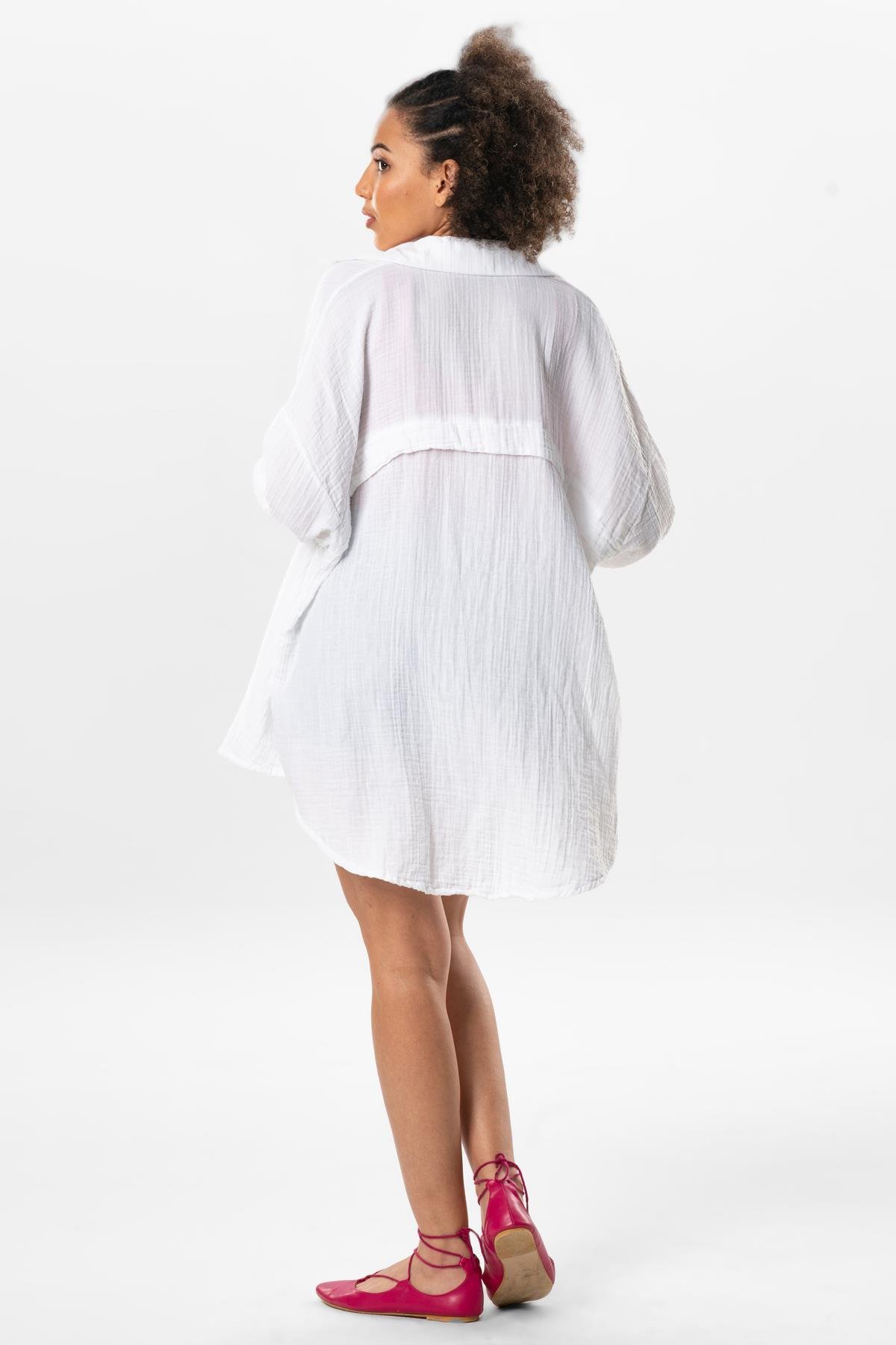 Uzun Kol Esved Yazlık Müslin Gömlek Beyaz Byz