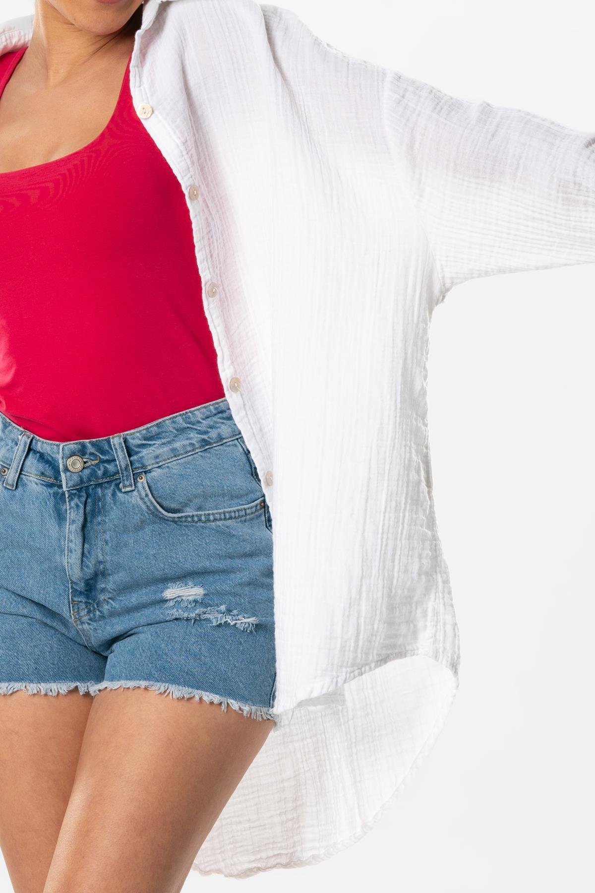 Uzun Kol Esved Yazlık Müslin Gömlek Beyaz Byz