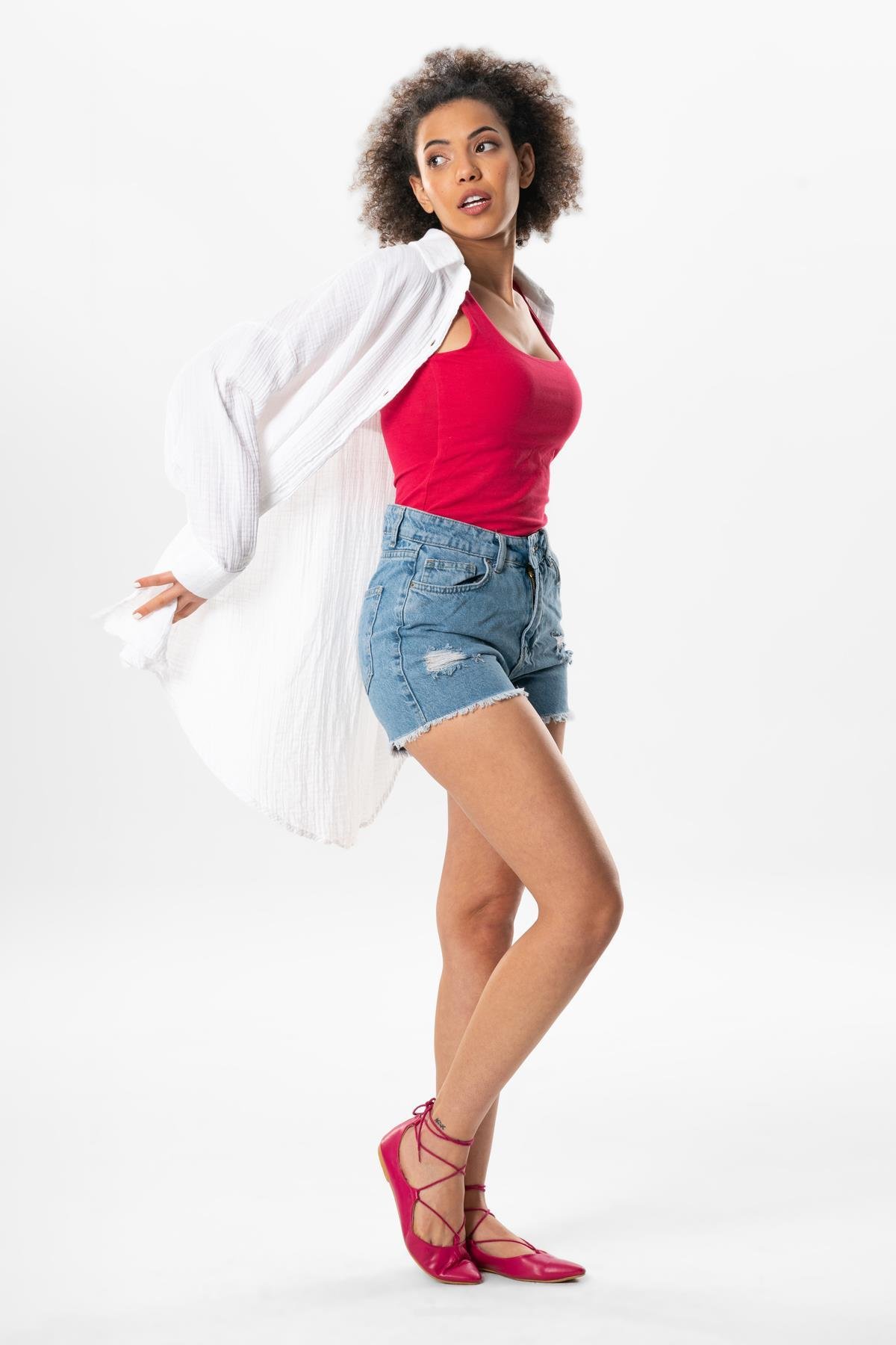 Uzun Kol Esved Yazlık Müslin Gömlek Beyaz Byz