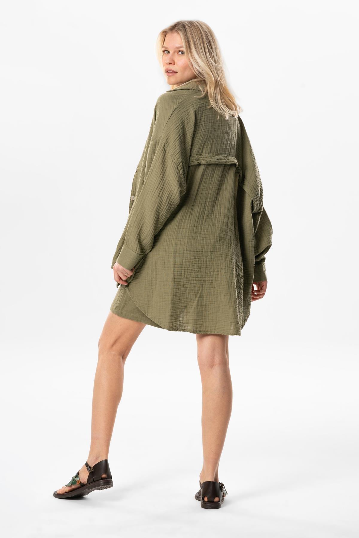 Uzun Kol Esved Yazlık Müslin Gömlek Haki Hk