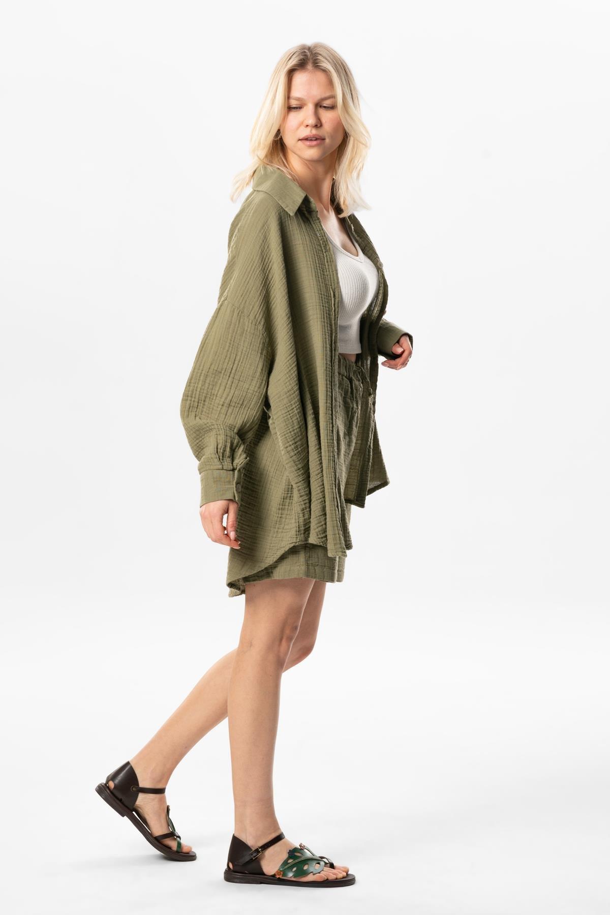 Uzun Kol Esved Yazlık Müslin Gömlek Haki Hk