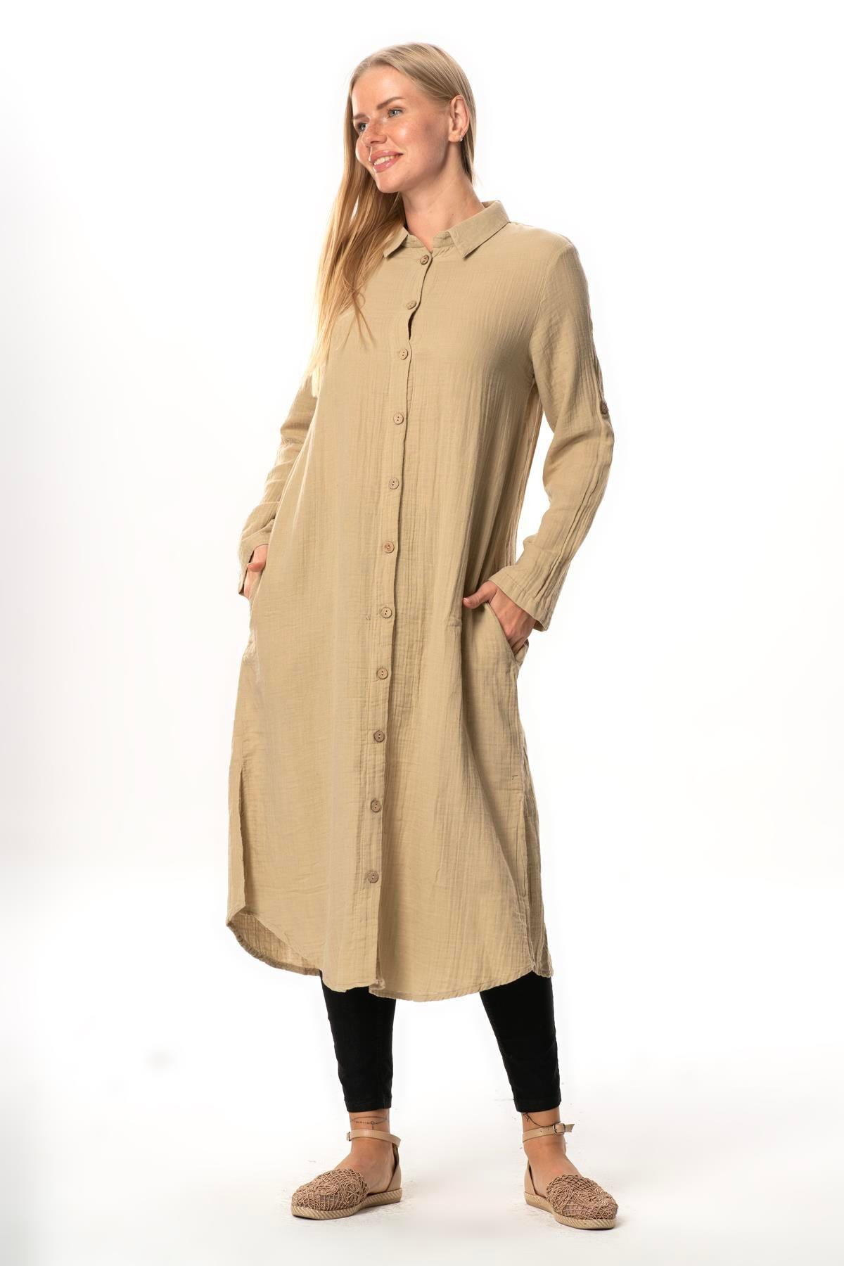 Uzun Kol Gömlek Yaka Hafsa Müslin Yazlık Tunik Vizon Vzn