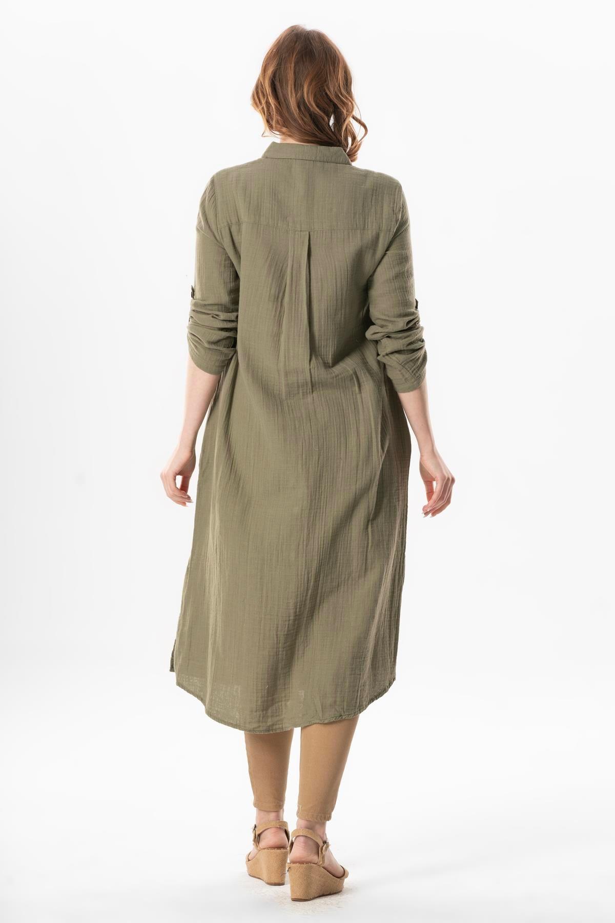 Uzun Kol Gömlek Yaka Hafsa Müslin Yazlık Tunik Haki Hk