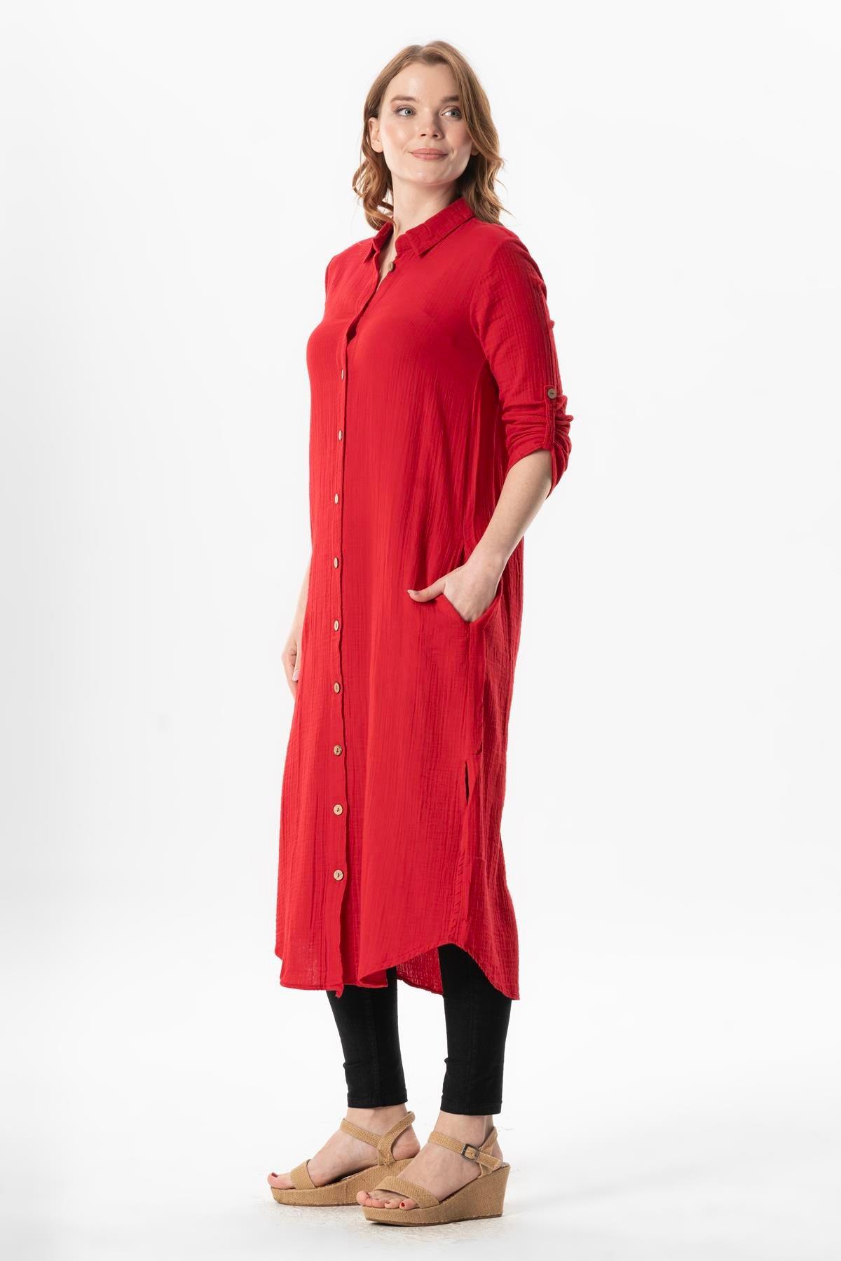 Uzun Kol Gömlek Yaka Hafsa Müslin Yazlık Tunik Kırmızı Krmz