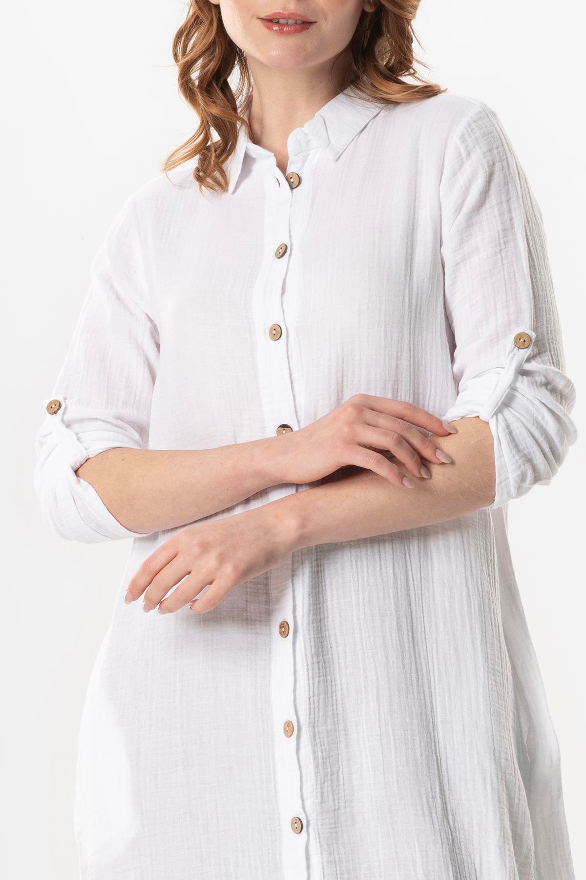 Uzun Kol Gömlek Yaka Hafsa Müslin Yazlık Tunik Beyaz Byz