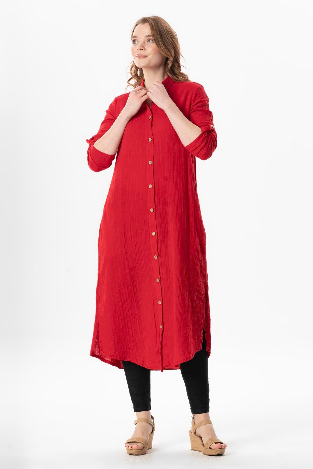 Uzun Kol Gömlek Yaka Hafsa Müslin Yazlık Tunik Kırmızı Krmz