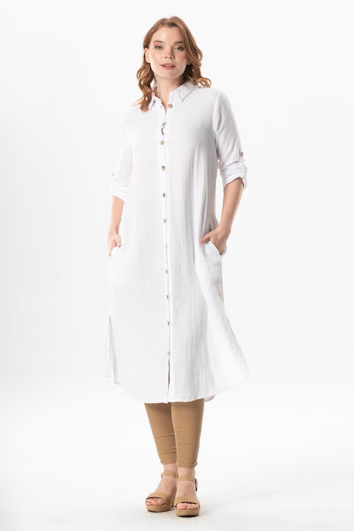 Uzun Kol Gömlek Yaka Hafsa Müslin Yazlık Tunik Beyaz Byz