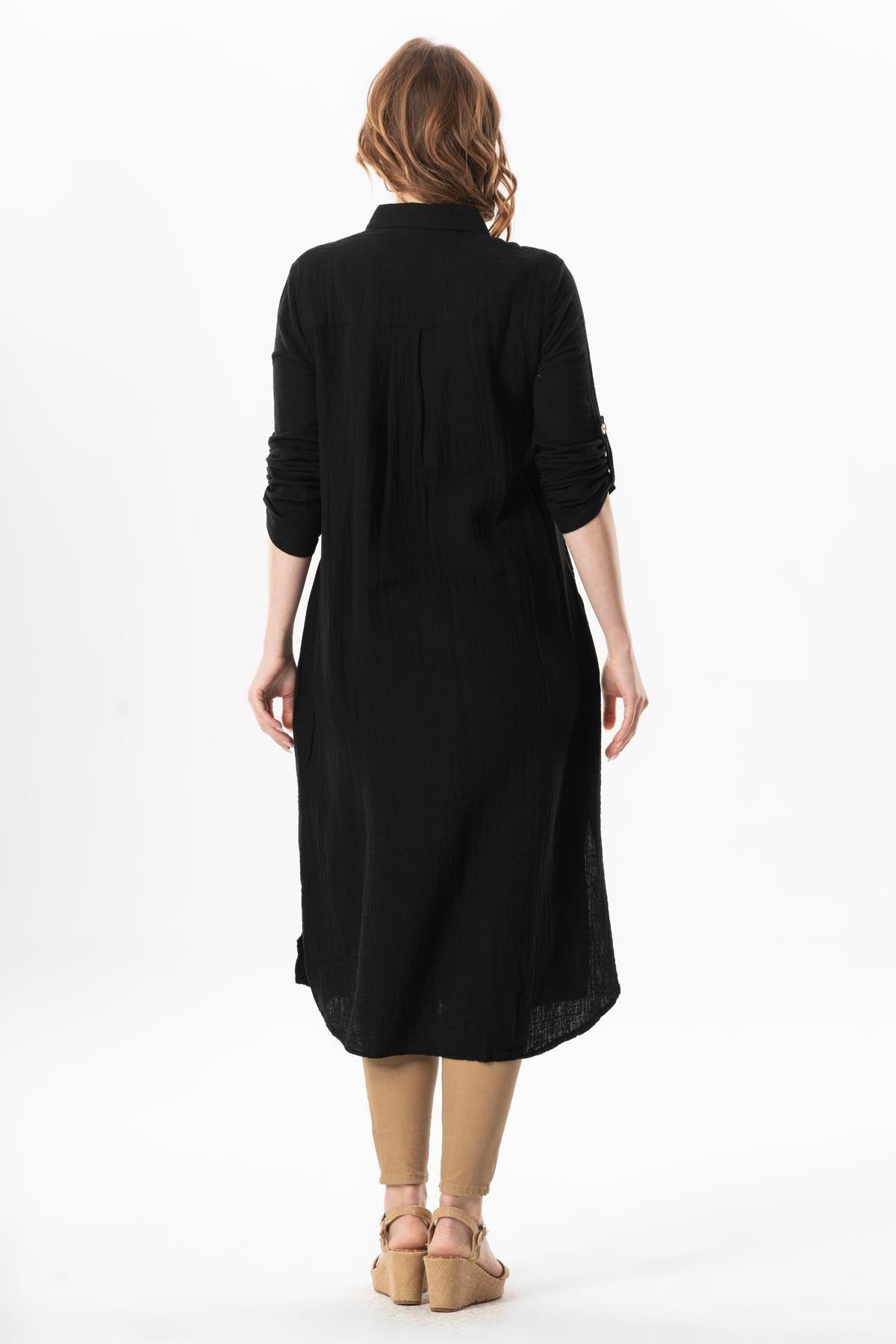 Uzun Kol Gömlek Yaka Hafsa Müslin Yazlık Tunik Siyah Syh