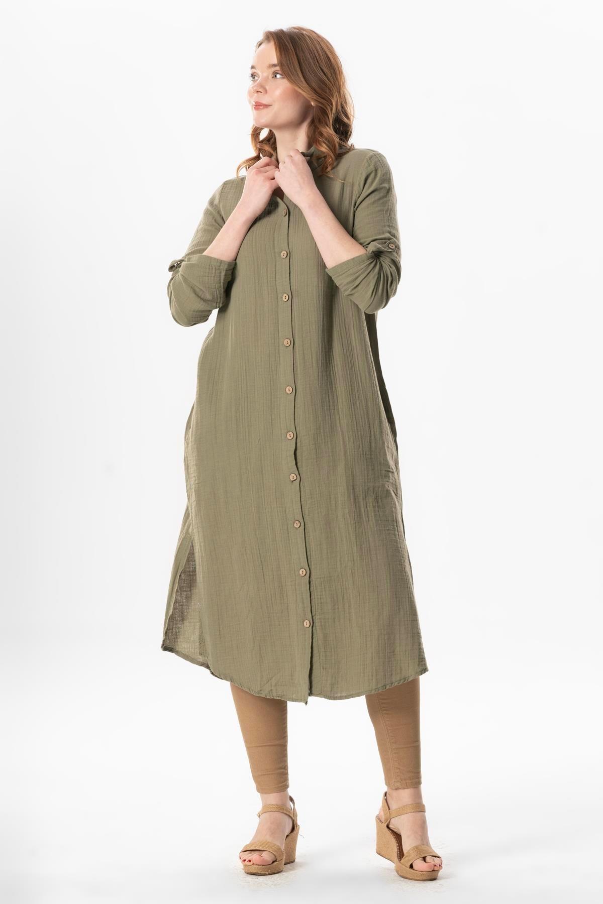 Uzun Kol Gömlek Yaka Hafsa Müslin Yazlık Tunik Haki Hk