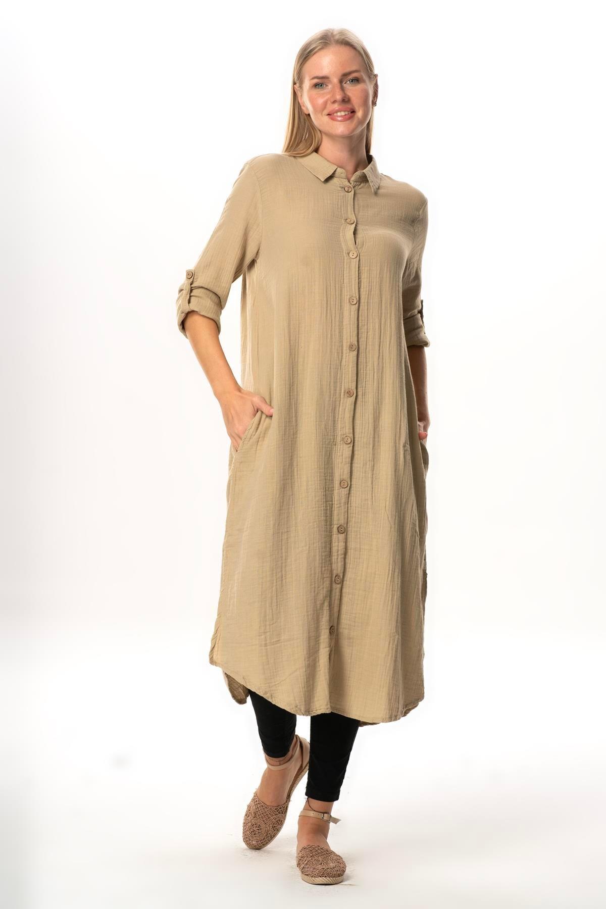 Uzun Kol Gömlek Yaka Hafsa Müslin Yazlık Tunik Vizon Vzn