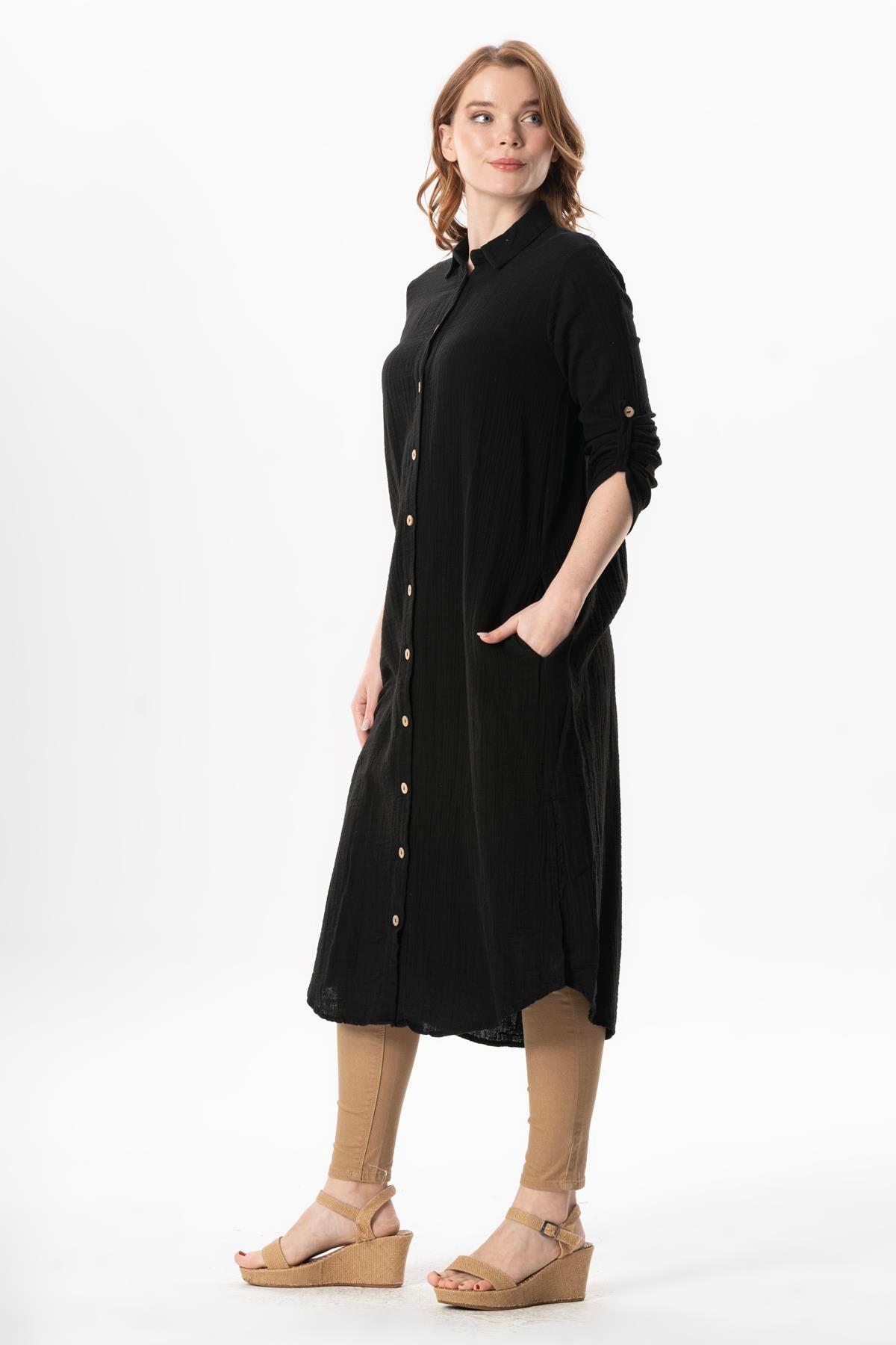 Uzun Kol Gömlek Yaka Hafsa Müslin Yazlık Tunik Siyah Syh
