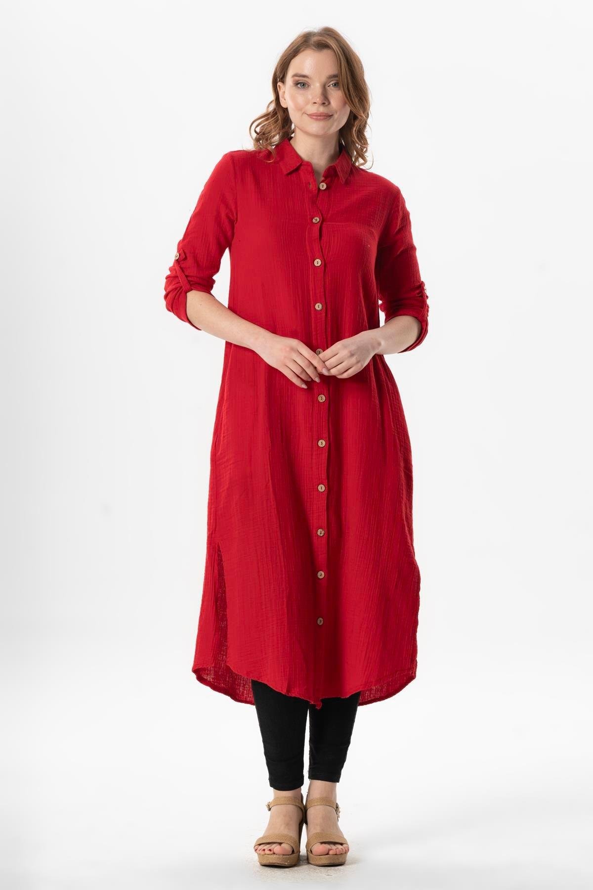 Uzun Kol Gömlek Yaka Hafsa Müslin Yazlık Tunik Kırmızı Krmz