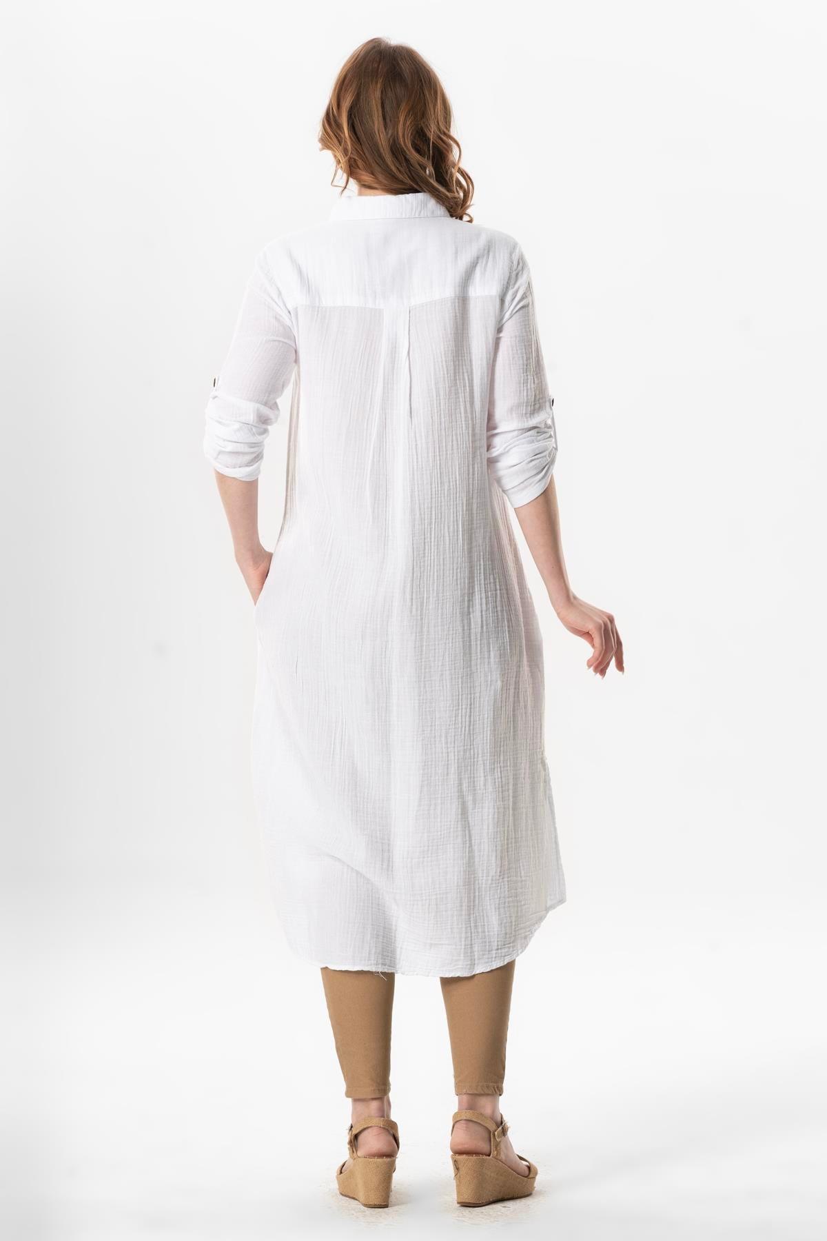 Uzun Kol Gömlek Yaka Hafsa Müslin Yazlık Tunik Beyaz Byz