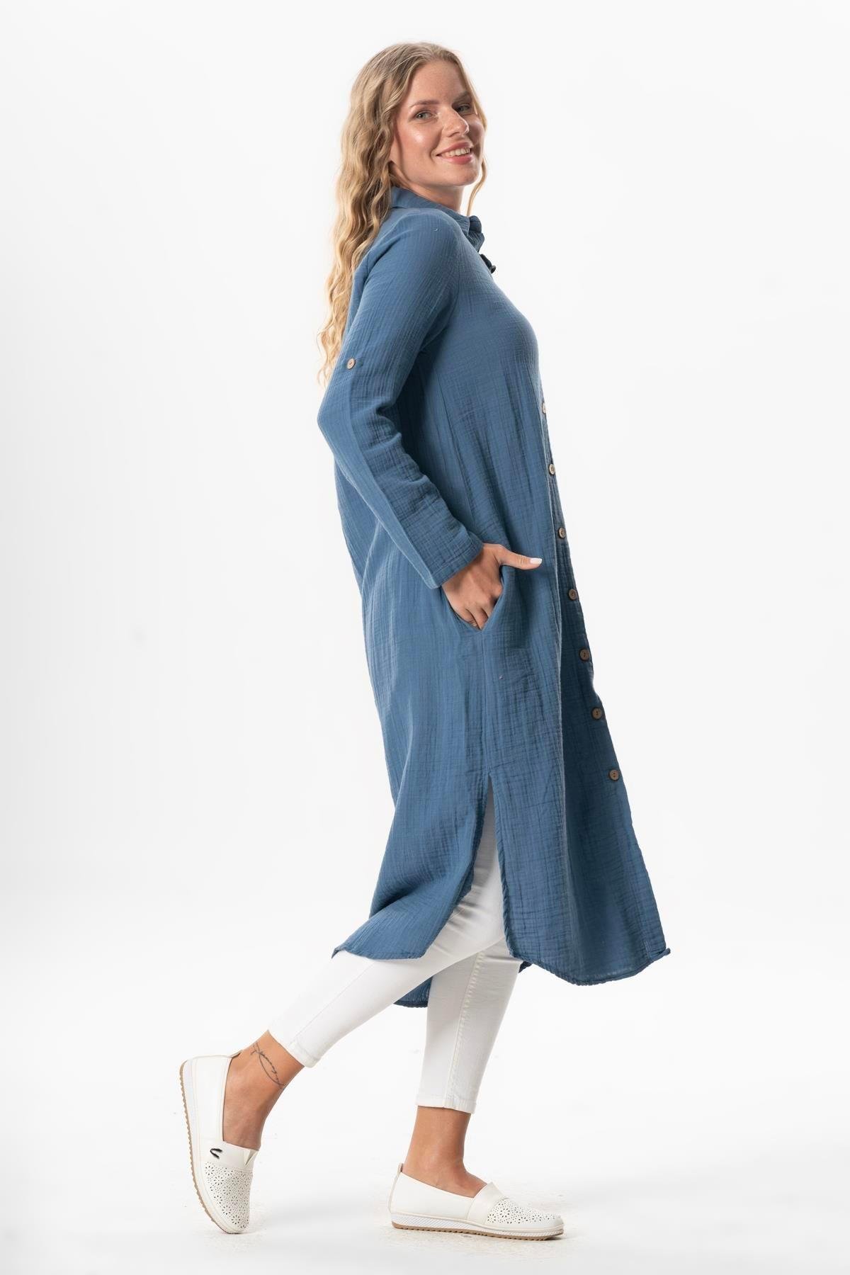 Uzun Kol Gömlek Yaka Hafsa Müslin Yazlık Tunik İndigo indg