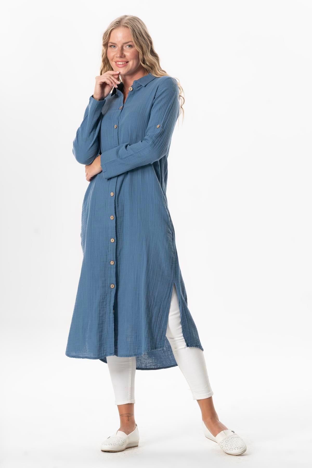 Uzun Kol Gömlek Yaka Hafsa Müslin Yazlık Tunik İndigo indg