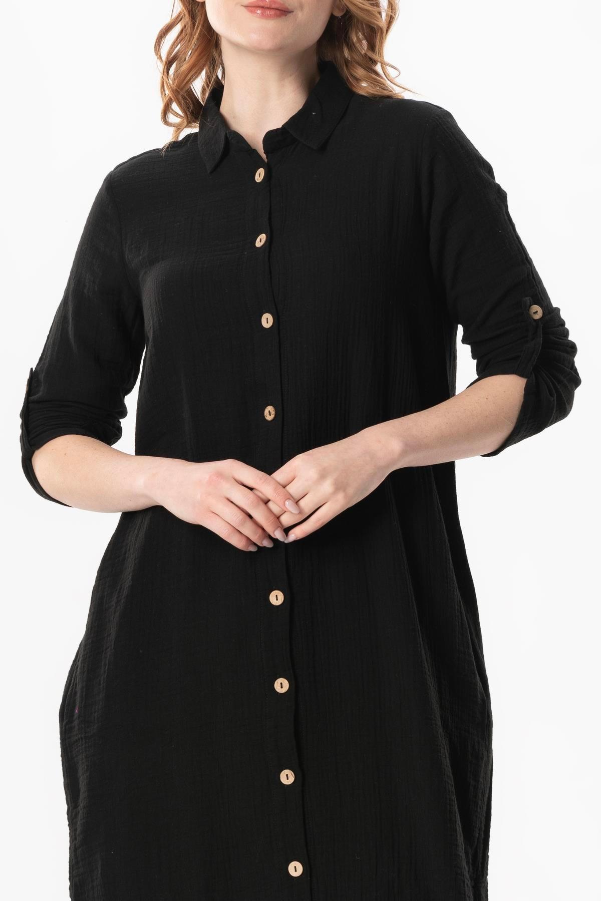 Uzun Kol Gömlek Yaka Hafsa Müslin Yazlık Tunik Siyah Syh