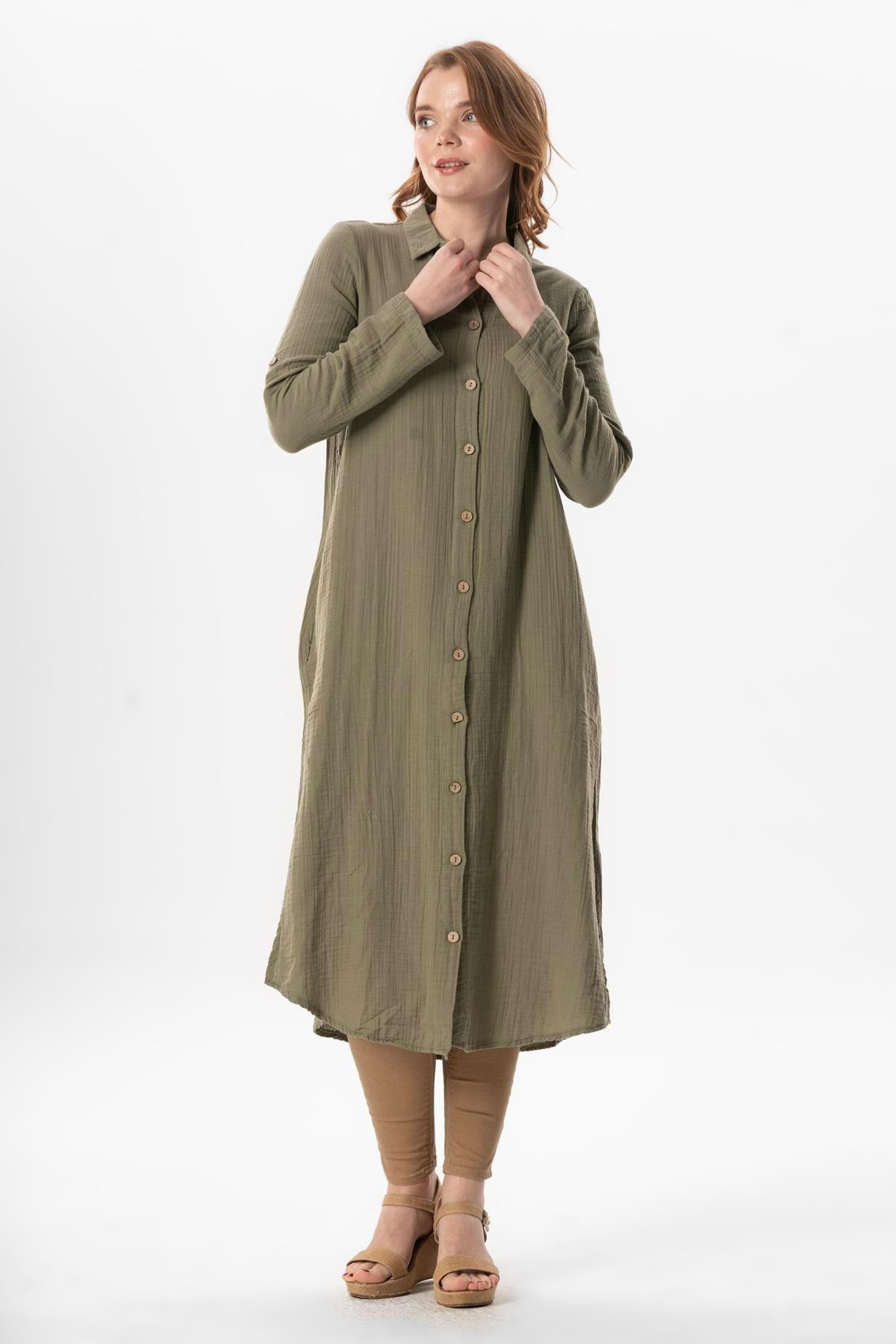 Uzun Kol Gömlek Yaka Hafsa Müslin Yazlık Tunik Haki Hk
