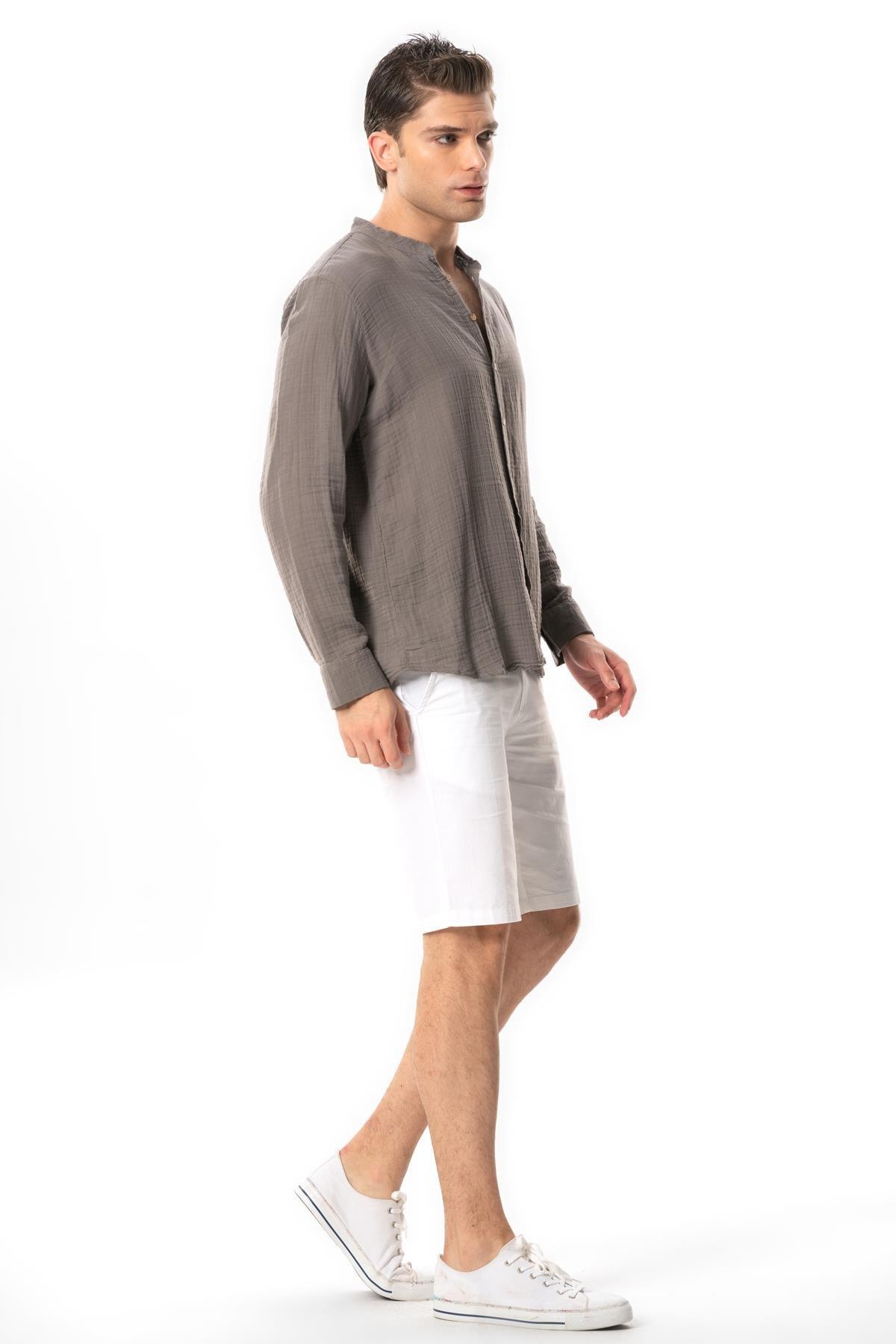 Uzun Kol Hakim Yaka Erkek Müslin Yazlık Gömlek Gri Gri