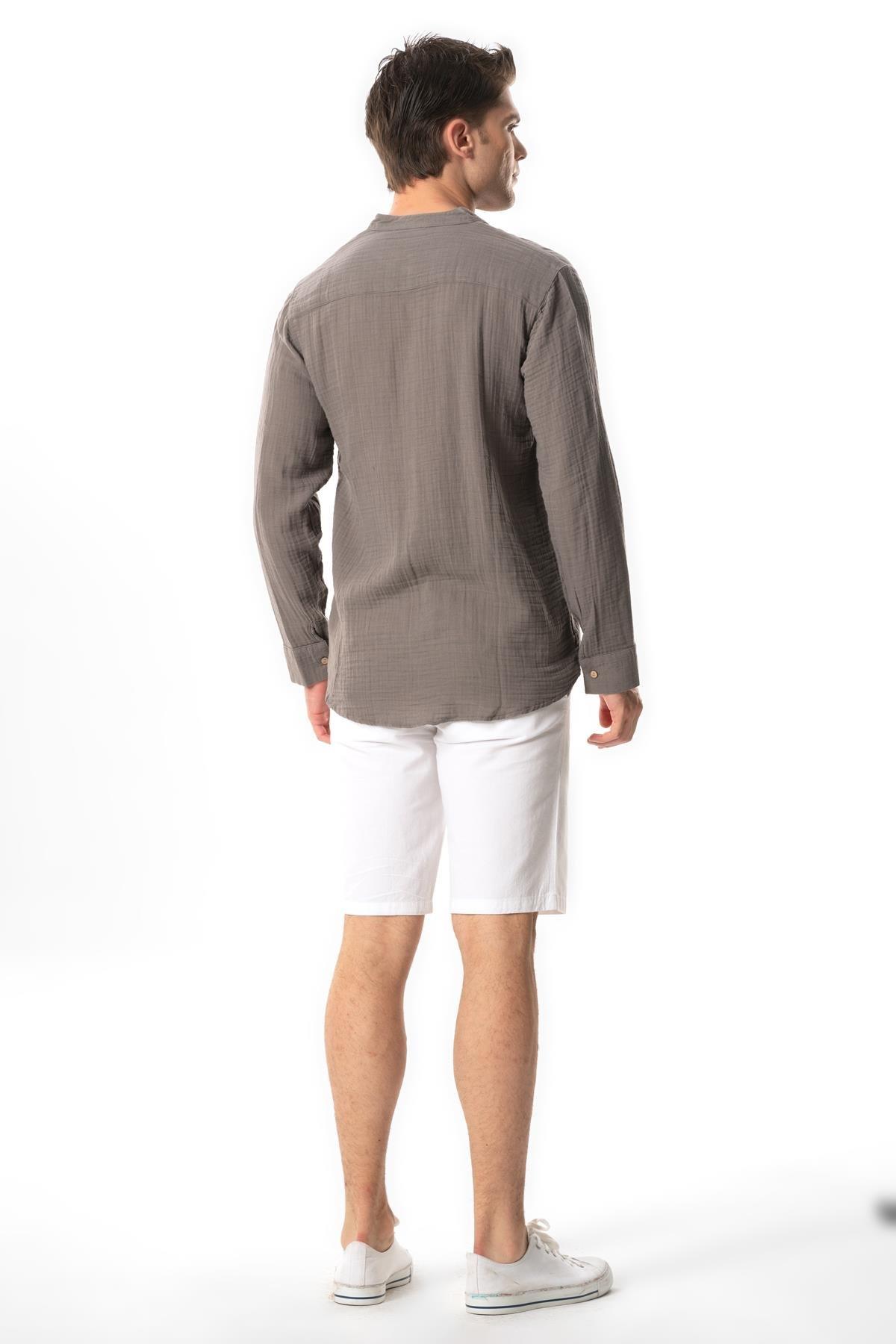 Uzun Kol Hakim Yaka Erkek Müslin Yazlık Gömlek Gri Gri