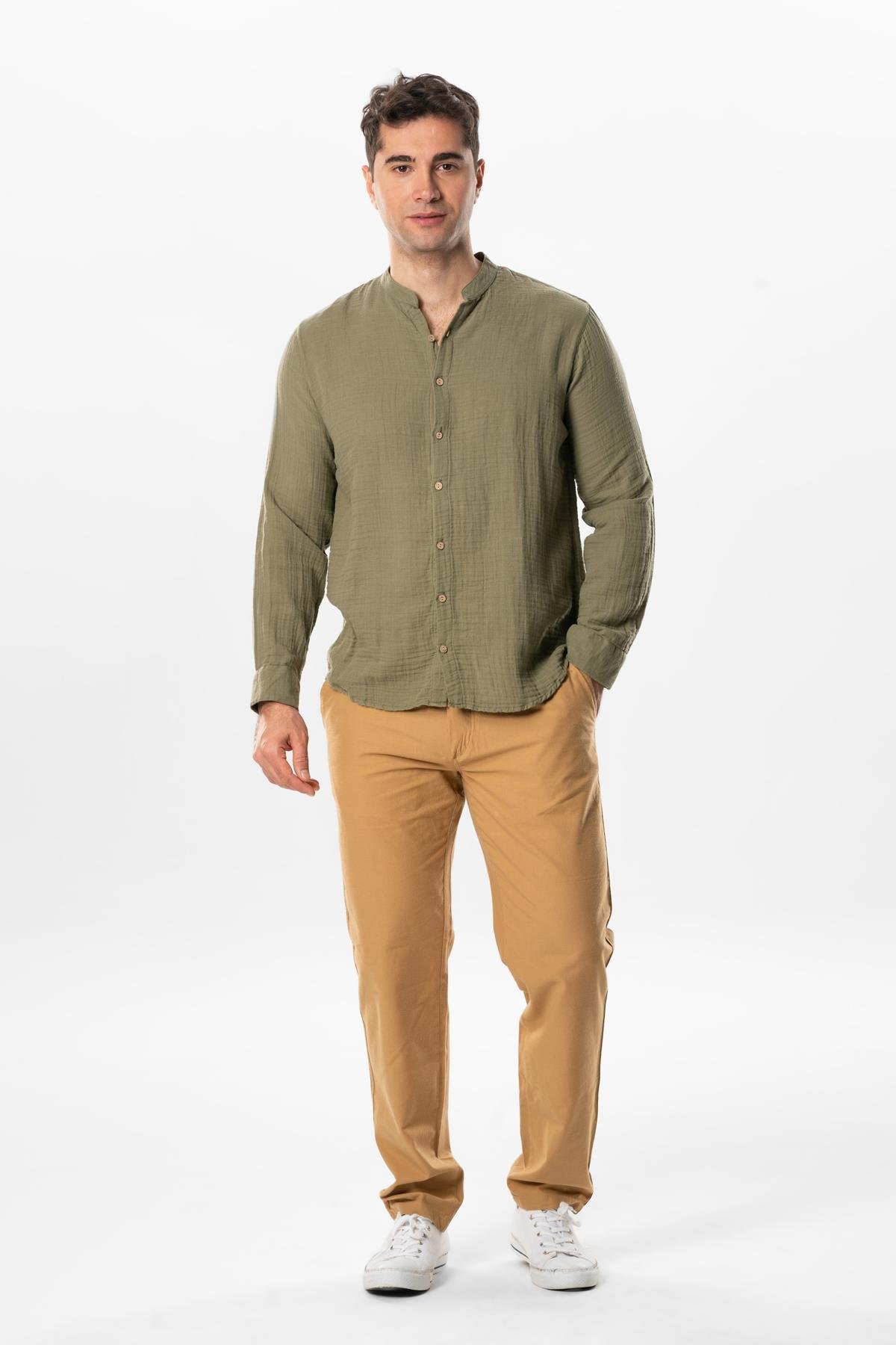 Uzun Kol Hakim Yaka Yazlık Müslin Gömlek Haki Hk