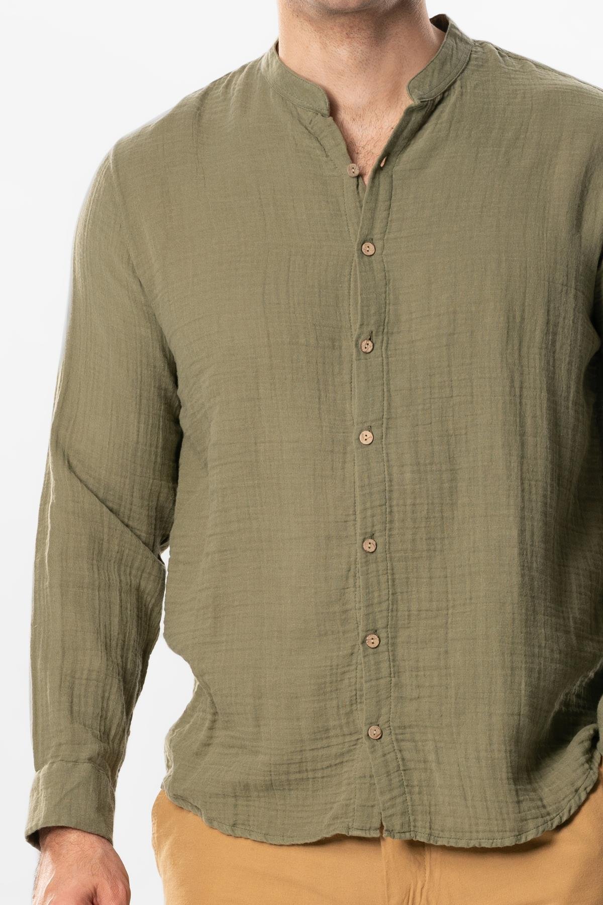 Uzun Kol Hakim Yaka Yazlık Müslin Gömlek Haki Hk