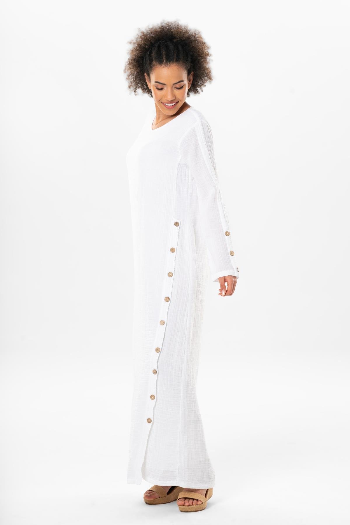 Uzun Kol İzel Uzun Yazlık Müslin Elbise Beyaz Byz