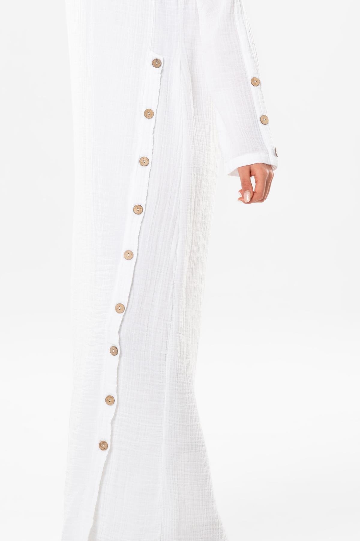 Uzun Kol İzel Uzun Yazlık Müslin Elbise Beyaz Byz