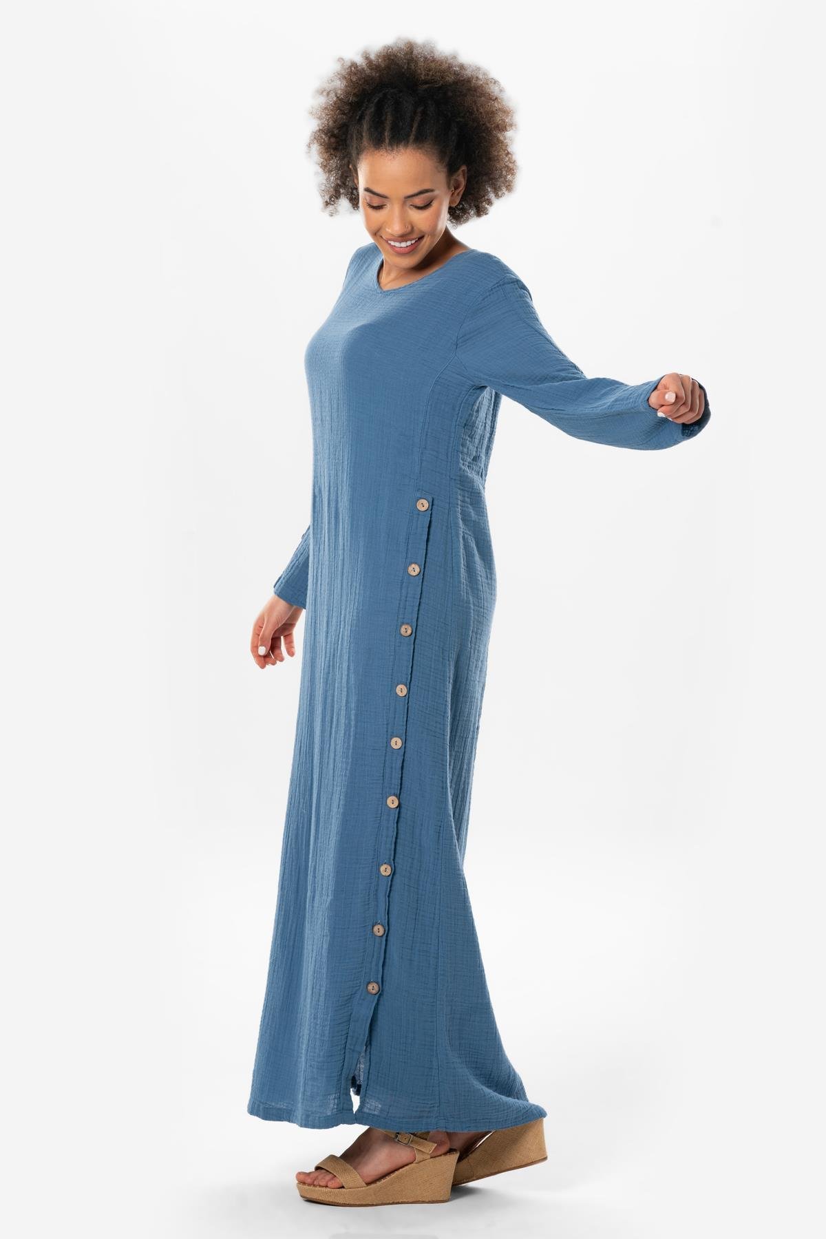 Uzun Kol İzel Uzun Yazlık Müslin Elbise İndigo indg