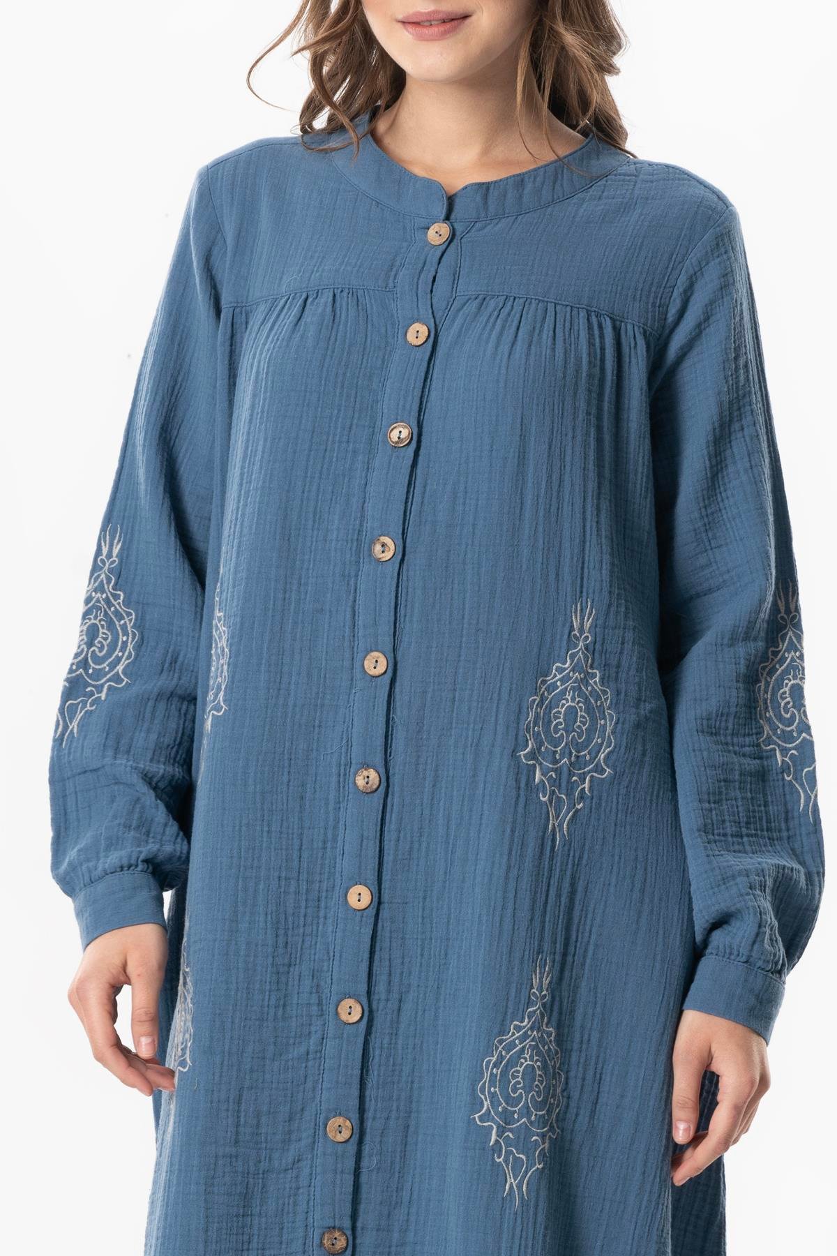 Uzun Kol Laçin Baskılı Müslin Mevsimlik Ferace İndigo indg