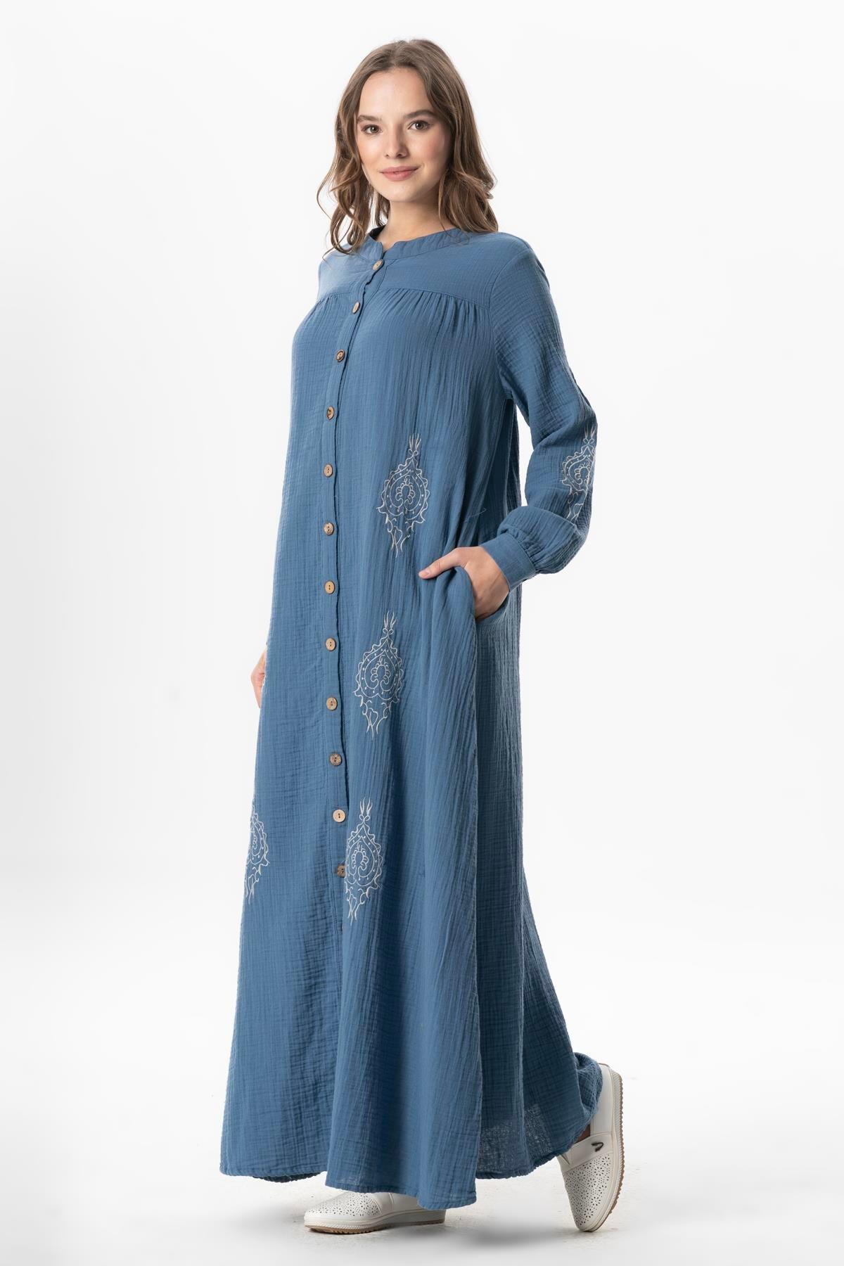 Uzun Kol Laçin Baskılı Müslin Mevsimlik Ferace İndigo indg