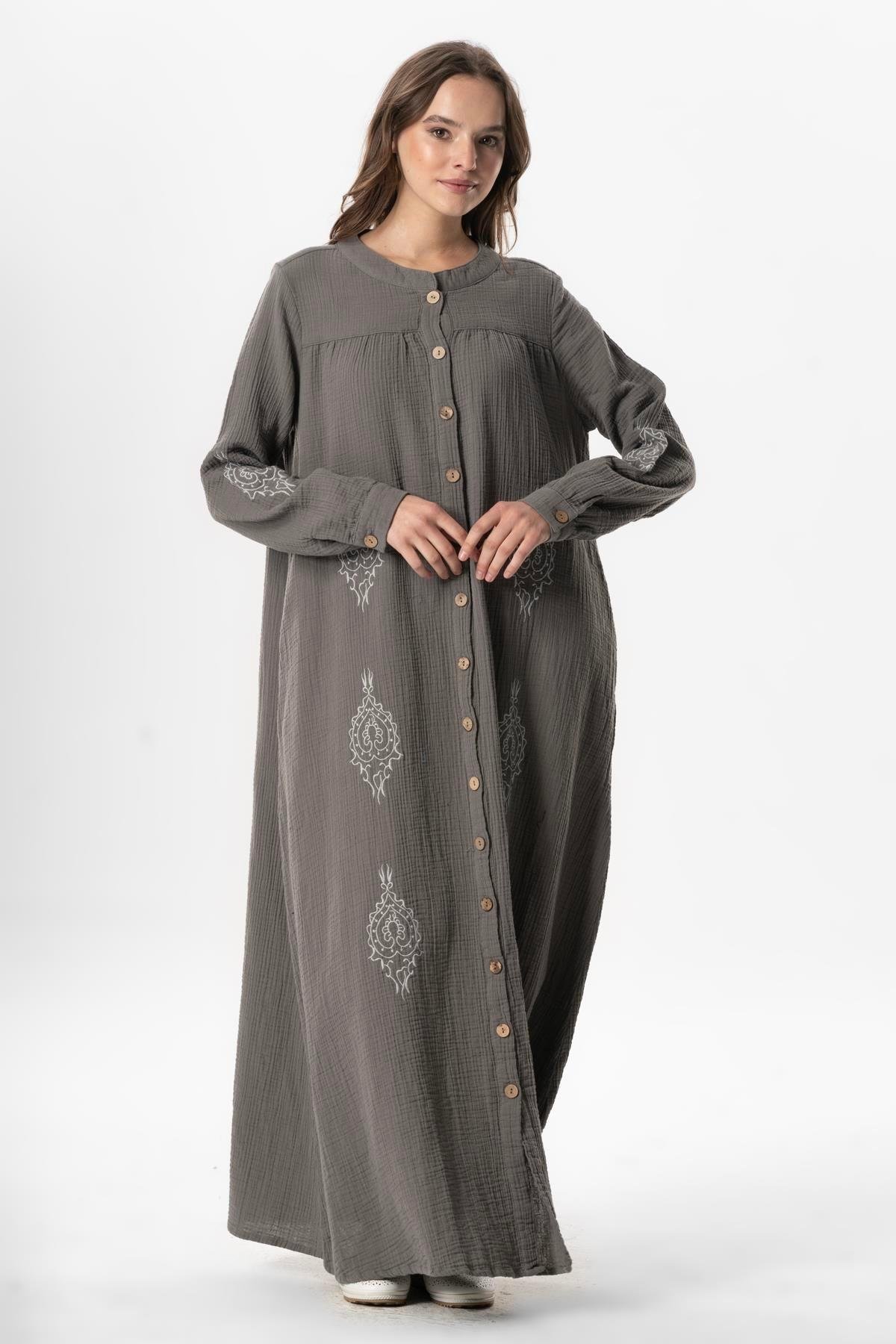 Uzun Kol Laçin Baskılı Müslin Mevsimlik Ferace Gri Gri