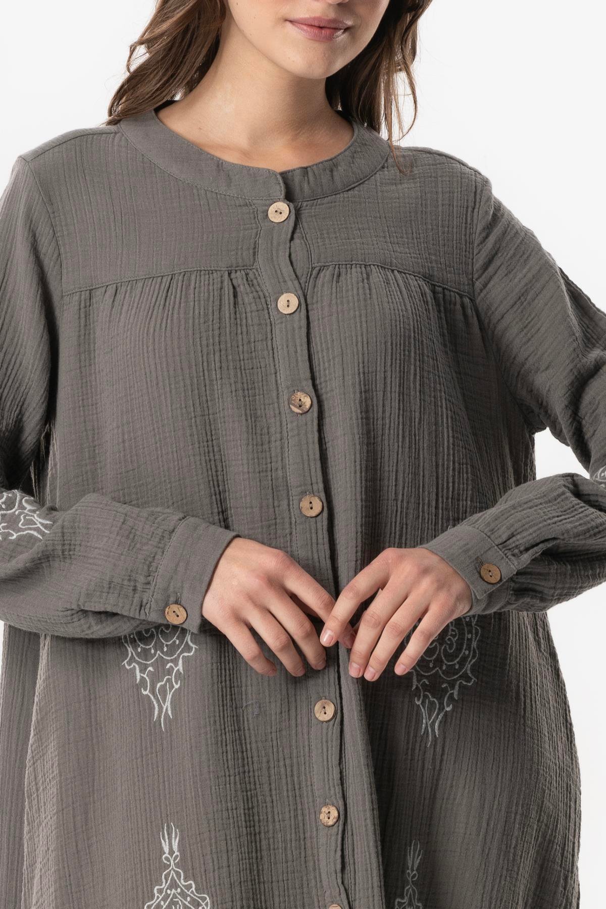 Uzun Kol Laçin Baskılı Müslin Mevsimlik Ferace Gri Gri